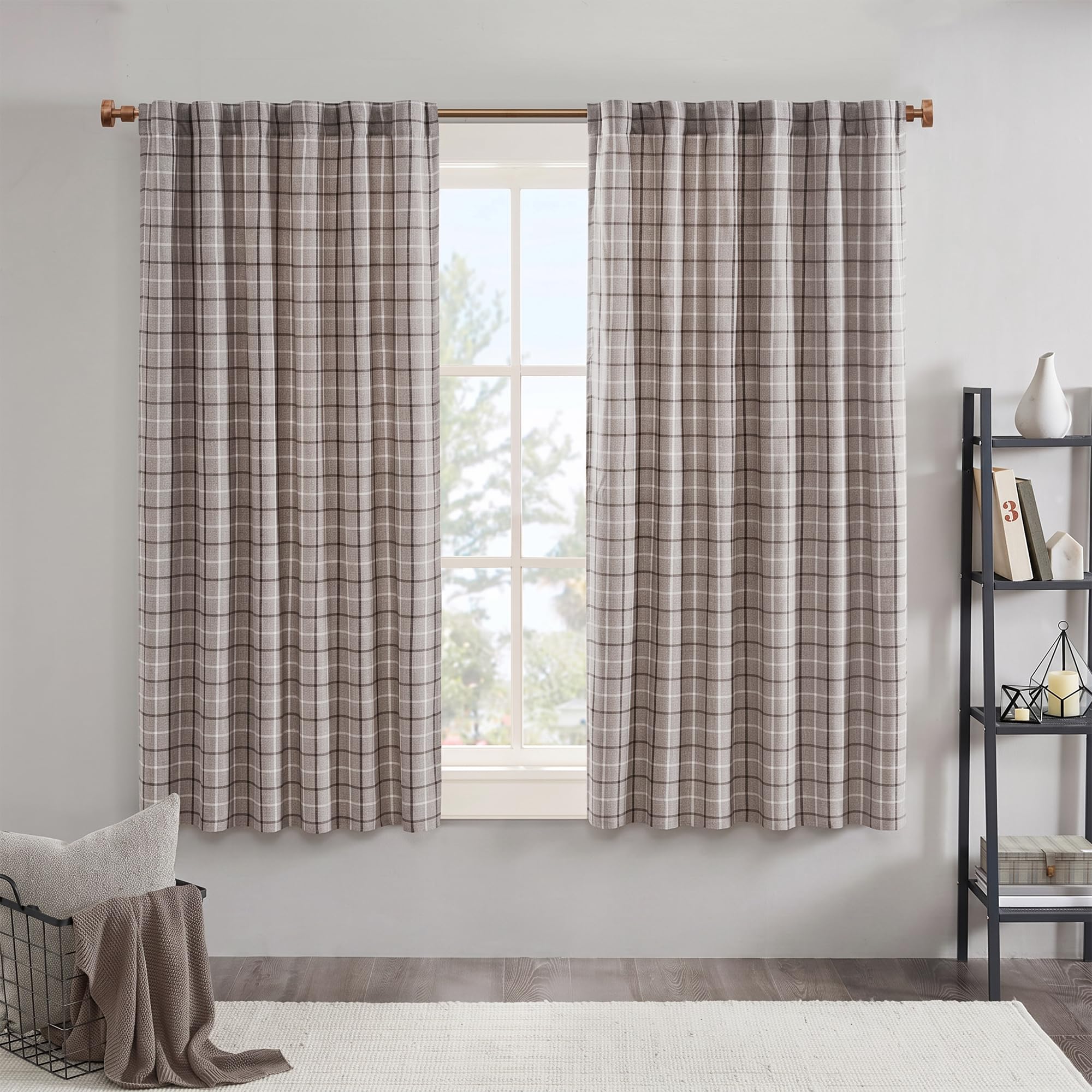 Madison Park Plaid Window Curtain Thermal Insulated, 1 Panel, 50x63 Brown