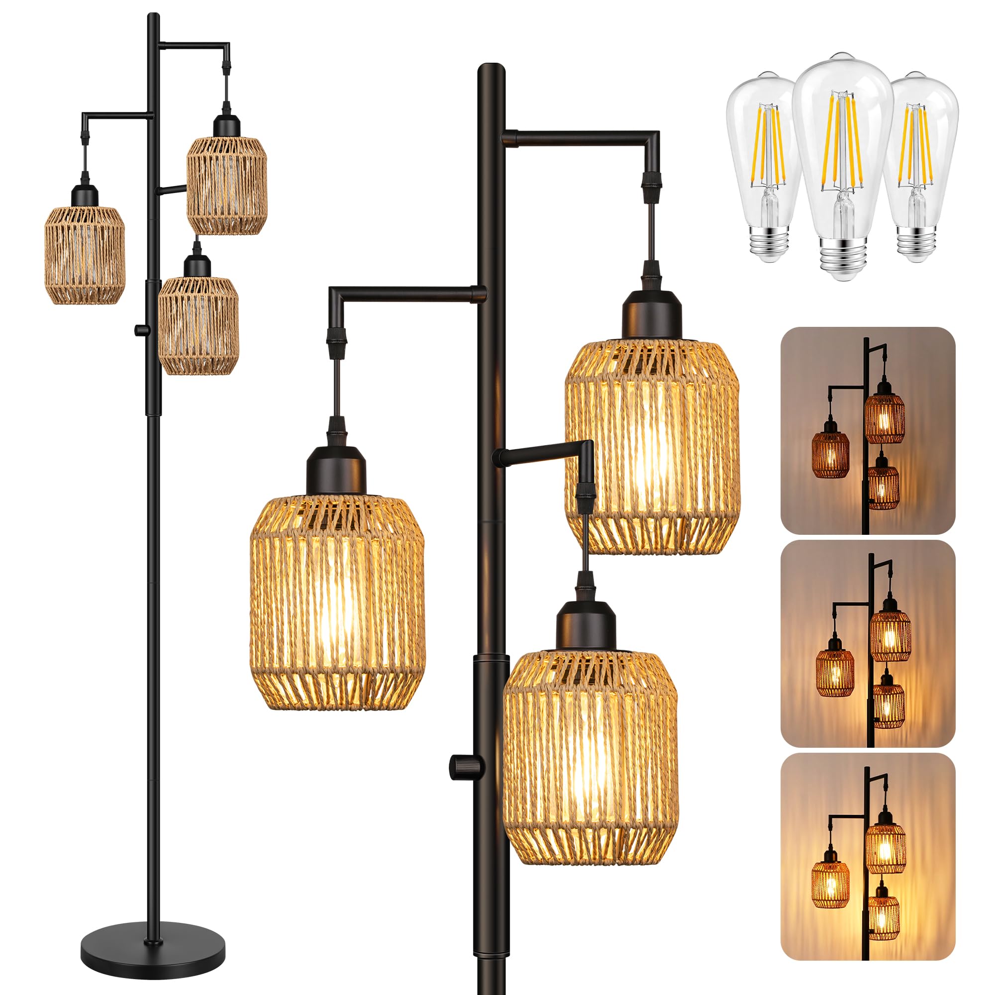 ROTTOGOON Dimmbare 3 flammige Rattan Standleuchte 172cm Boho Landhaus Stil industrielle BaumStandleuchte mit 3x6W LED für Wohnzimmer Schlafzimmer Büro Rustikale Stehlampe Schwarz