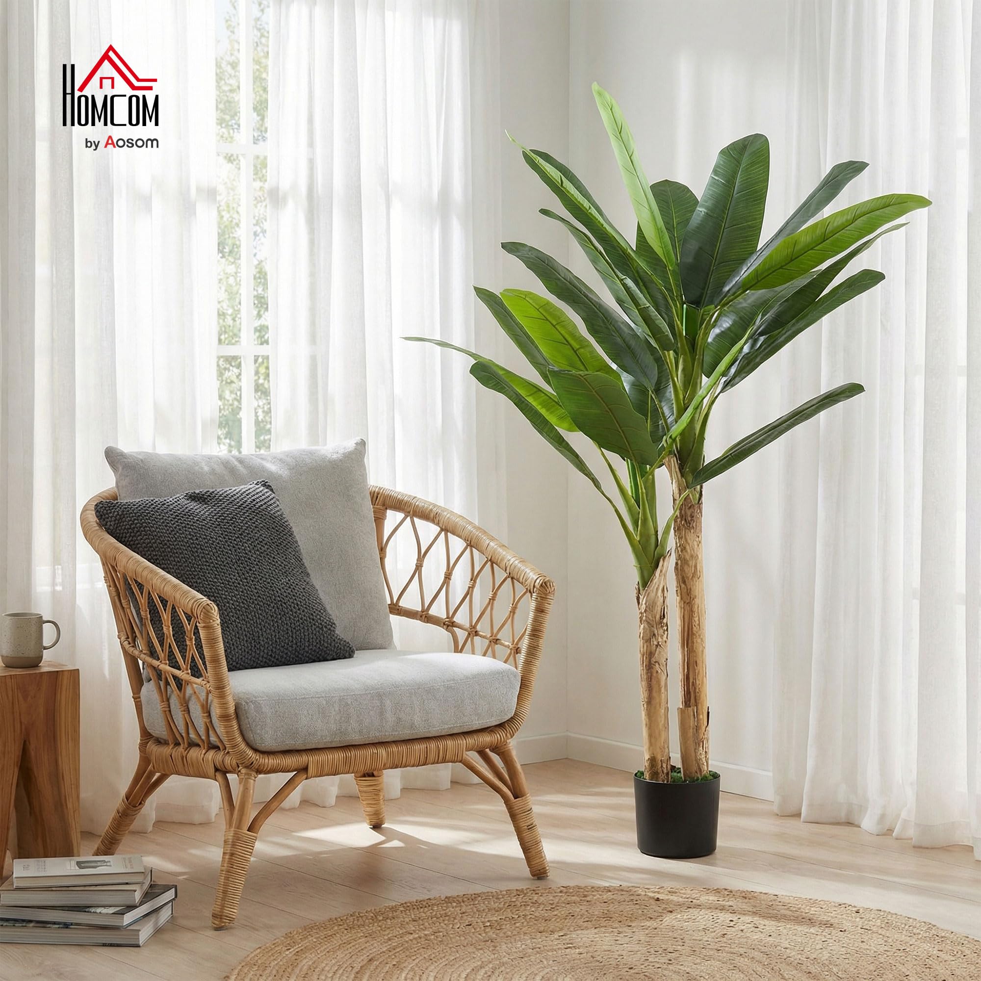 HOMCOM Árbol de Plátano Artificial 150 cm, Planta Artificial Decorativa con Maceta y 2 Troncos, para Decoración del Interior, Hogar, Oficina, Salón, Verde
