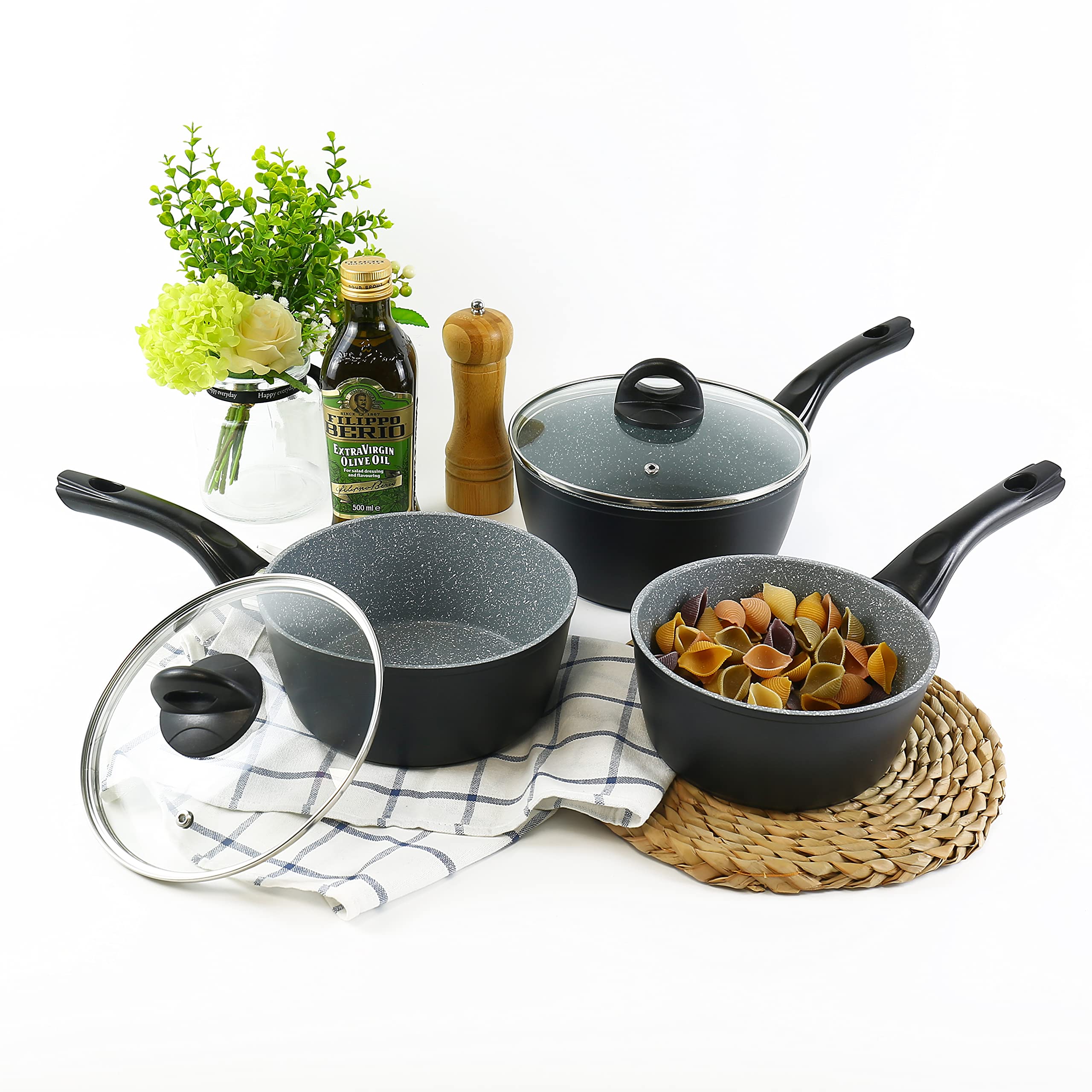 Urbn-Chef Black Forgecross & Grey Marble Forged Pressed Aluminium Non Stick Induction Safe Cooking Pots Pans Saucepans Cookware (3 Pcs Saucepan Set)