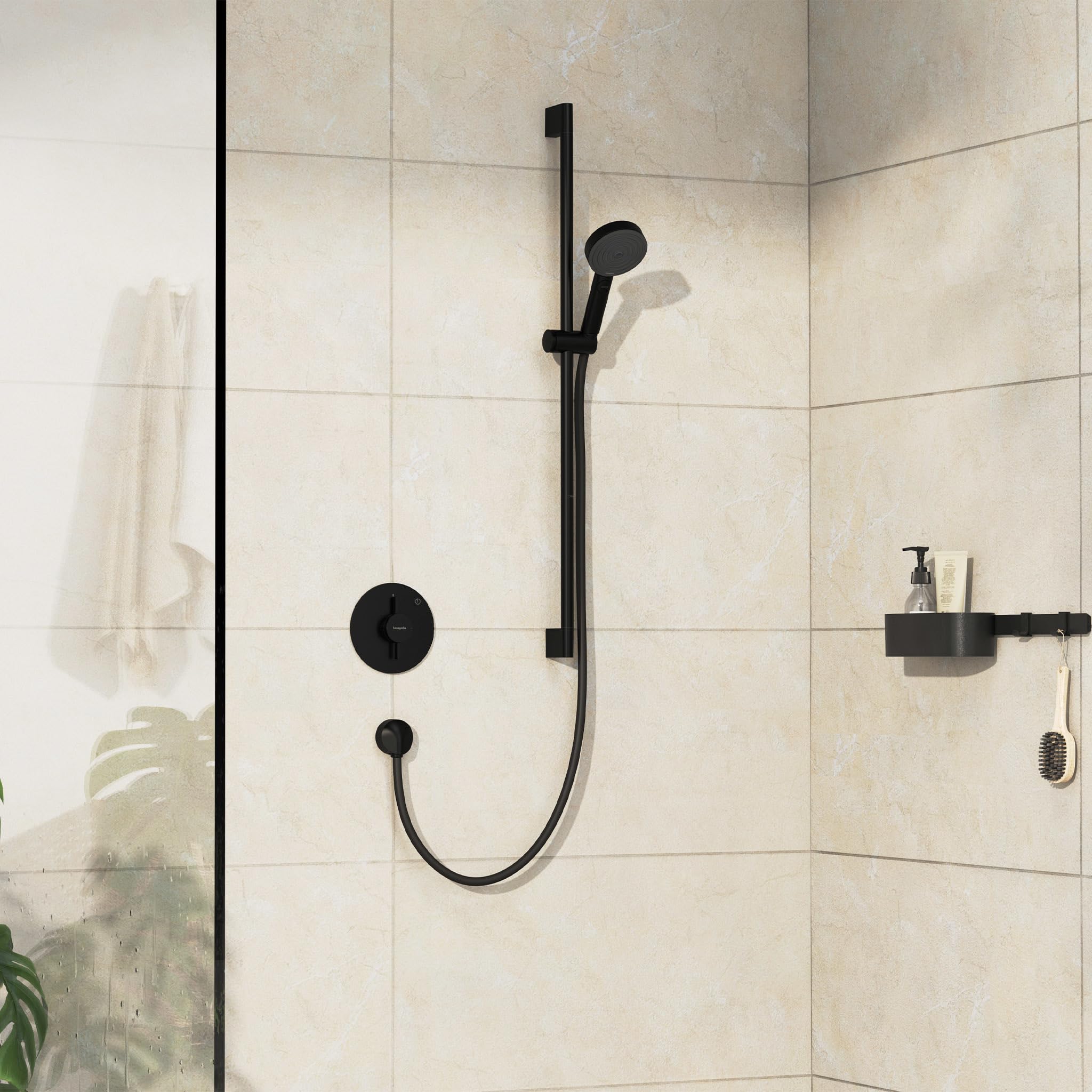 hansgrohe DuoTurn S, grifo de ducha empotrado para 1 función, grifo monomando ducha redondo, mezclador monomando de ducha para iBox universal 2, negro mate