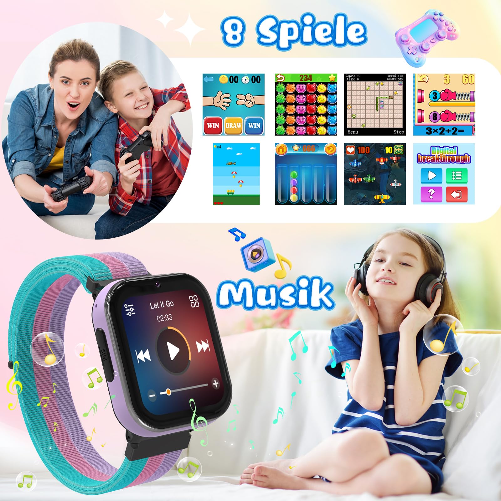 PTHTECHUS Smartwatch dla dzieci 4G, zegarek dziecięcy z funkcją połączenia telefonicznego, kilka stylów pulpitu do wyboru, dwukierunkowe połączenia, aparat, MP3, SOS, karta edukacyjna, prezent dla