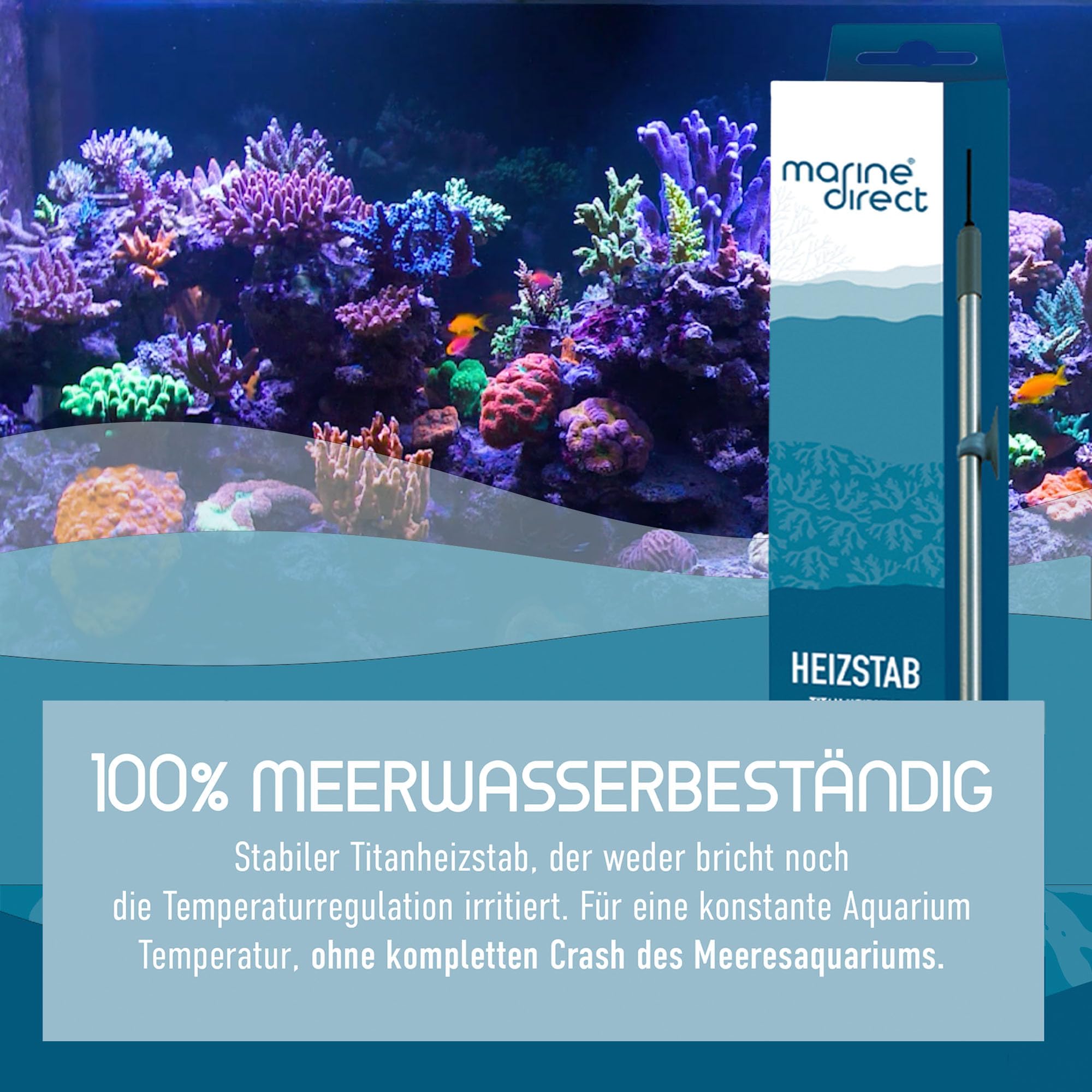 Titanheizstab 300W für Süß- & Meerwasser-Aquarien – Aquarium Heizung mit Saugnäpfen – Heizstab absolut unzerbrechlich & sicher im Betrieb – Made in Germany