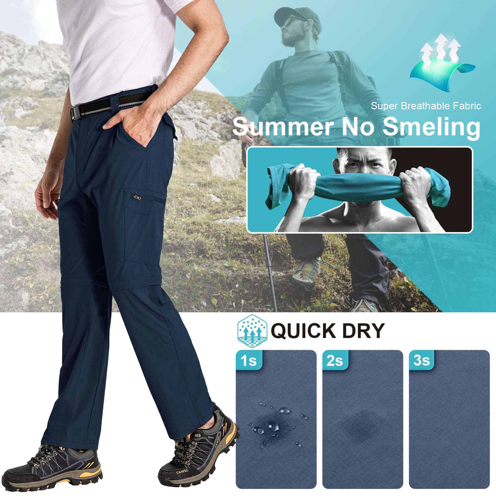 Pantalon de randonnée convertible léger pour homme - Séchage rapide - Fermeture éclair - Pour la pêche, le safari, le camping, les voyages - Pantalon scout