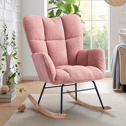 Miniatura 9 de Kiztir Mecedora pequeña para guardería, mecedora moderna con respaldo alto, cómoda silla deslizante para guardería, sala de estar, dormitorio (beige)