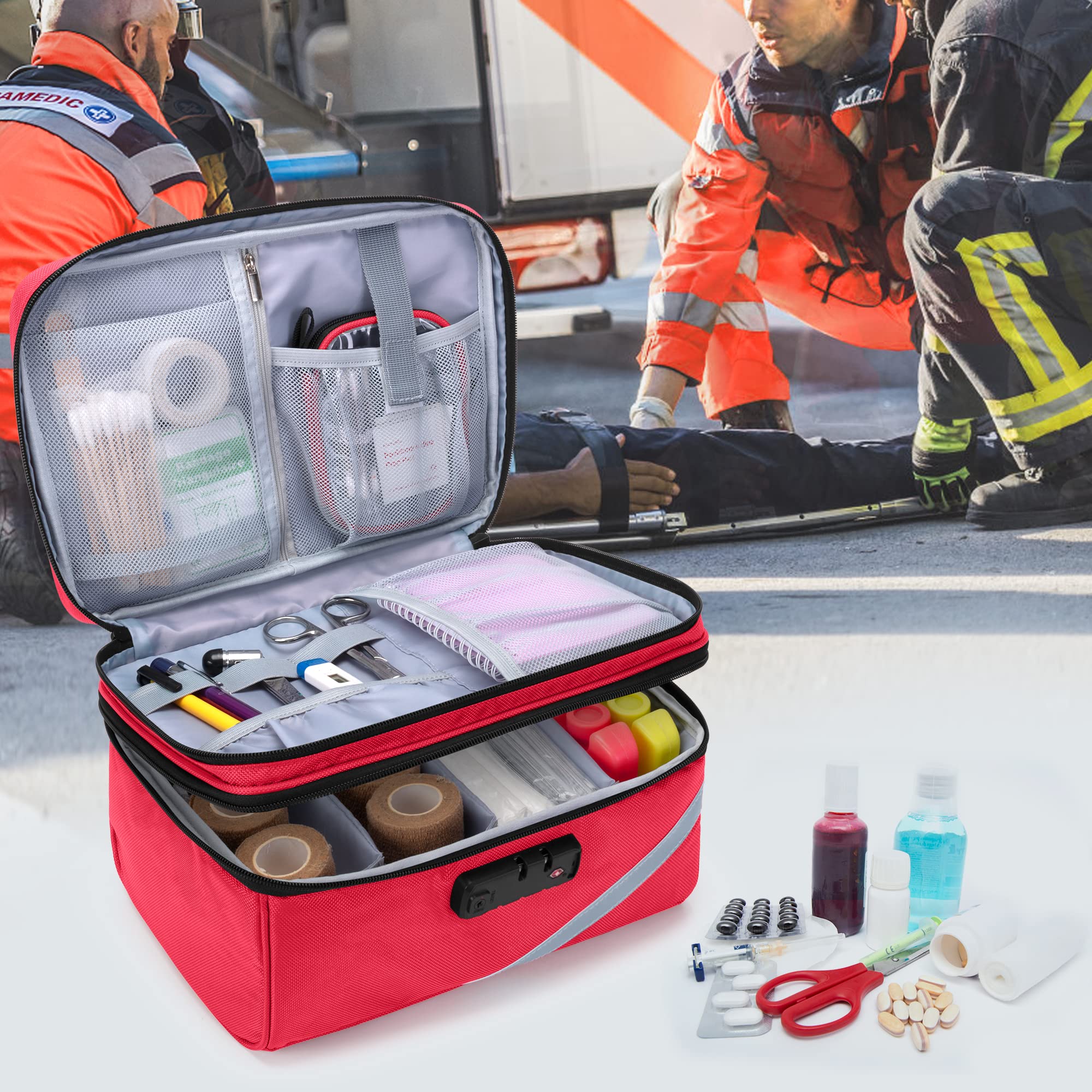 Trunab Borsa Medica Piccola con Lucchetto a Combinazione, Borsa da Viaggio Medica Chiudibile con Mini Custodia per Casa, Viaggio, Emergenza, Rosso (Borsa Vuota), Design Brevettato