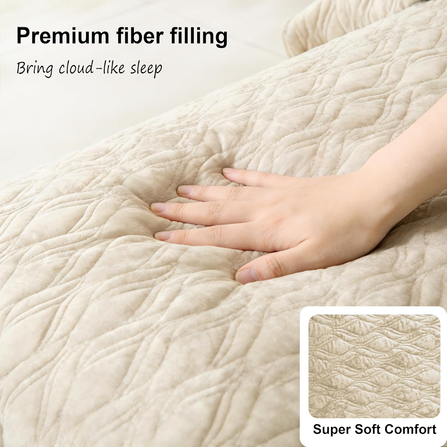 Luxury Oversized King Quilt 120x120 Bedspreads Coverlet Bedding Set Velvet Comforter King Size 3 Pieces Set with 1 Quilted Beauty Bedspreads and 2 Pillow Shams 20x36,Beige - Image 5