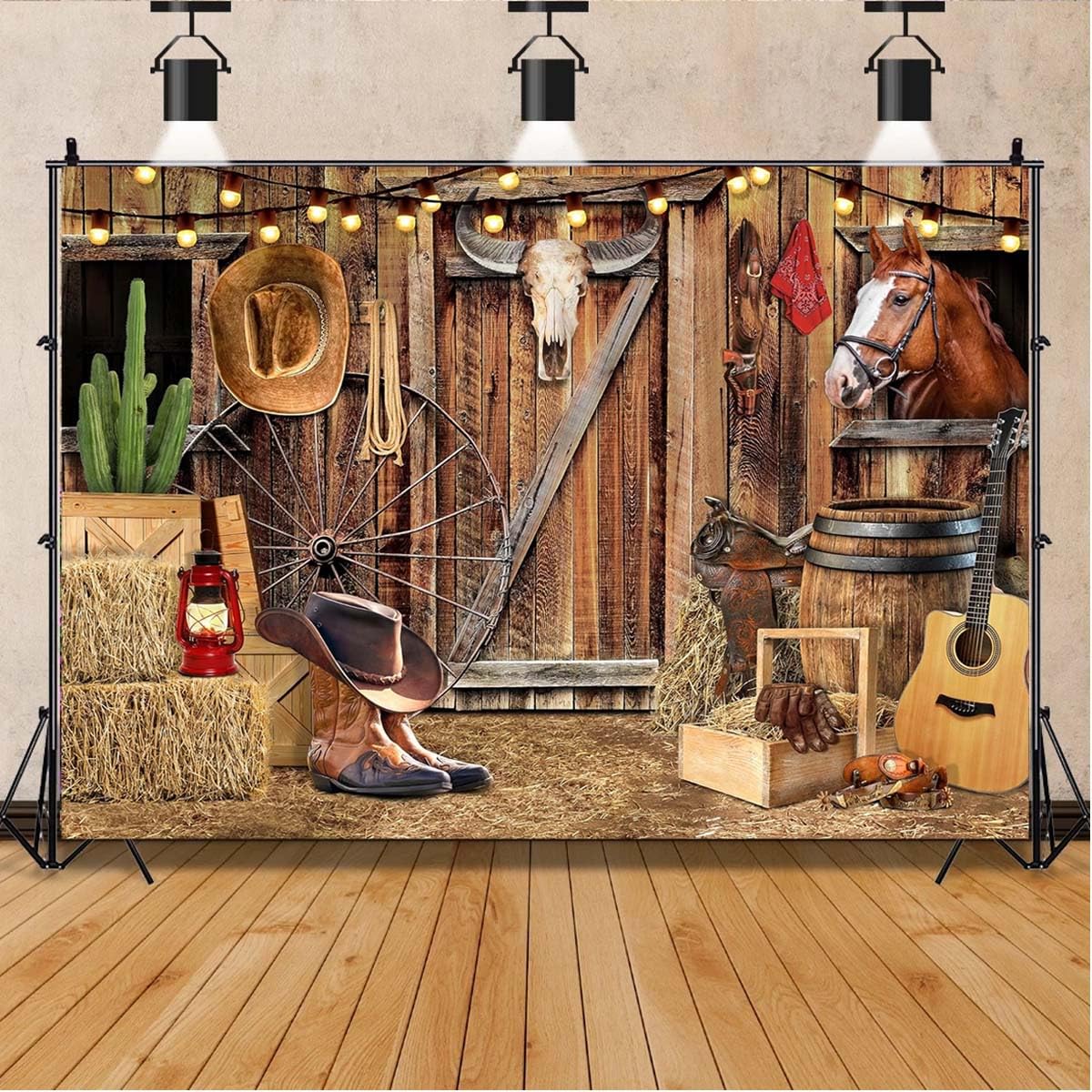 Western-Cowboy-Fotohintergrund – Rote Scheunentür & Cowboyhut, Vinyl, Verschiedene Größen