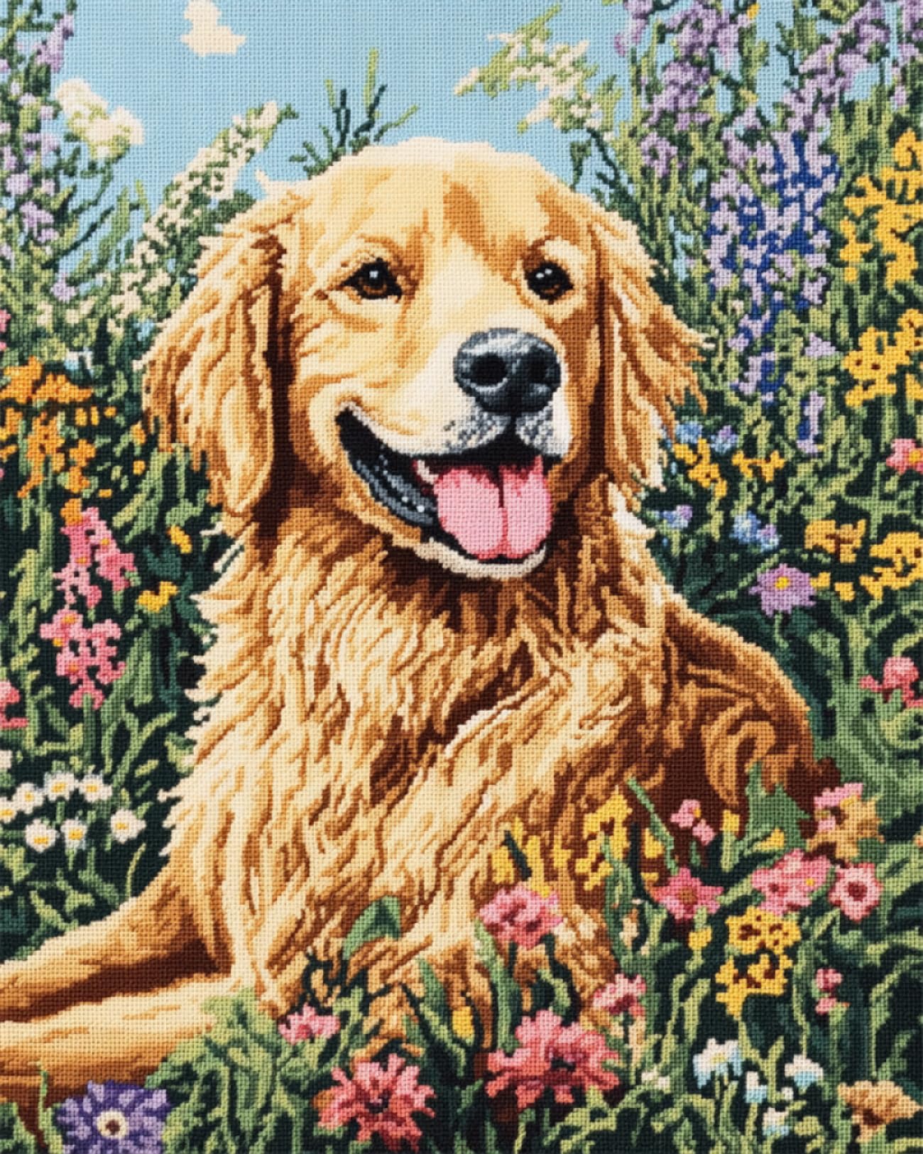 Kits De Bordado De Cuentas Para Hacer Uno Mismo Retrato De Perro Y Flores Kit De Bordado De Cuentas Animal Golden Retriever Kits De Bordado Juego De Punto De Cruz Fácil Para Adultos Princip 40x50cm