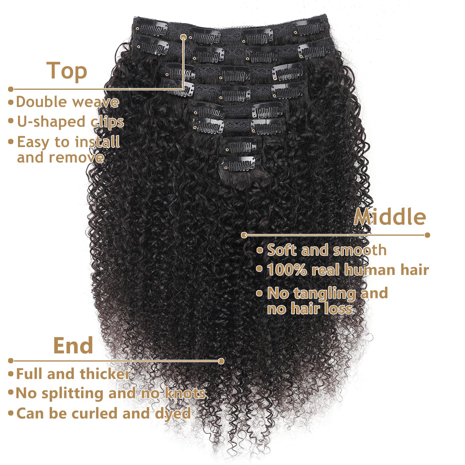 Kinky-Curly Human Hair Clips Extension a Clip Cheveux Naturel 120g-8pcs Invisibles à Clip Human Hair Clips ins Perruques Pour Femmes Noires Clip Extension Brazilian Virgin Cheveux 12"