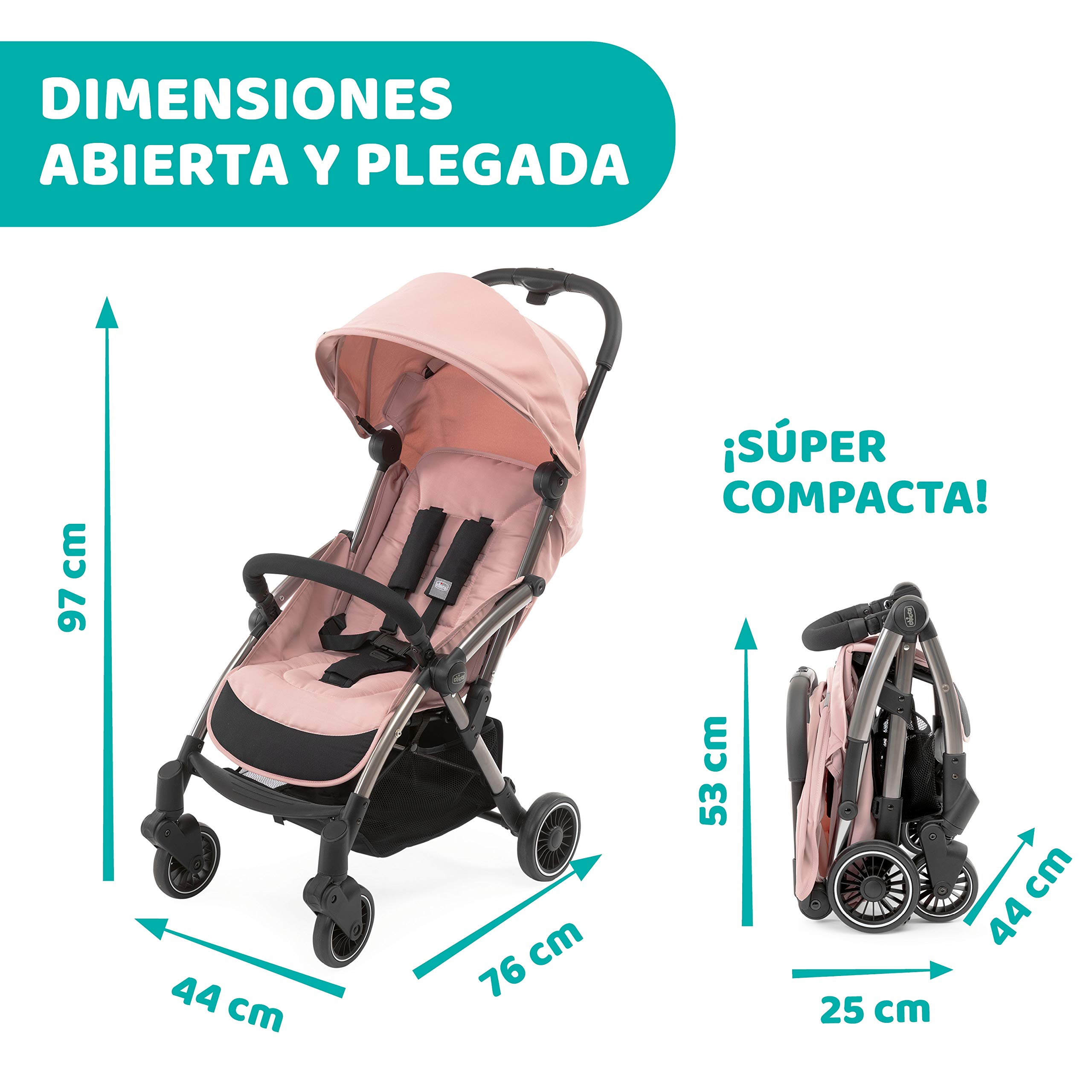 Chicco Silla Paseo Bebé Cheerio, Cochecito 0 Meses a 15 kg Ligero, Compacto, Plegable, Reclinable con Posición para Dormir, Cierre Automático en 1 Movimiento, Capota para Lluvia, Color Rosa