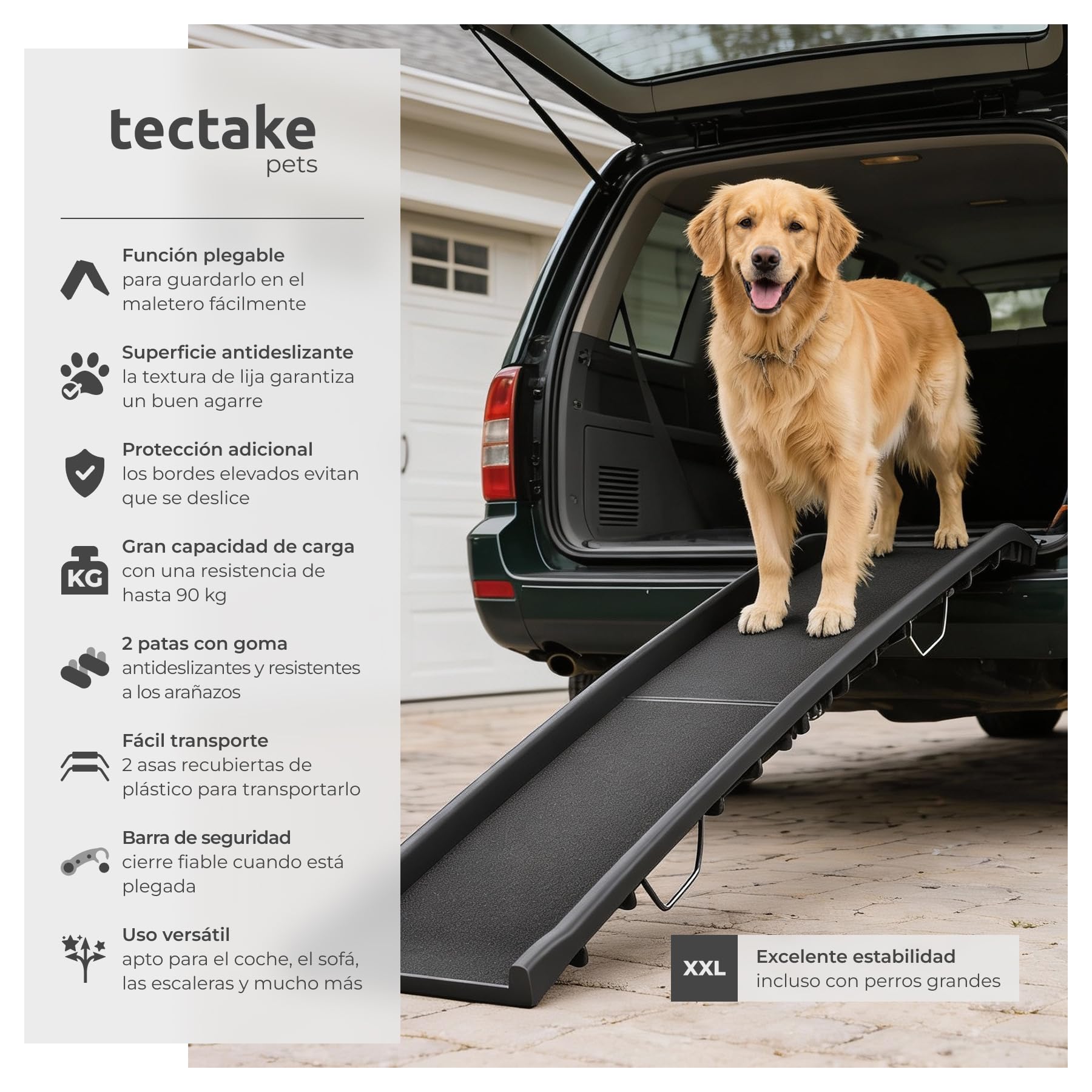 tectake® Rampa para Perros Plegable y Antidelizante, Rampa de Coche para Perros hasta 90kg, con Correas para Transporte y Carriles Guía, Resistente, para Cama y Sofá, Escalera para Perros, 155x40x14cm