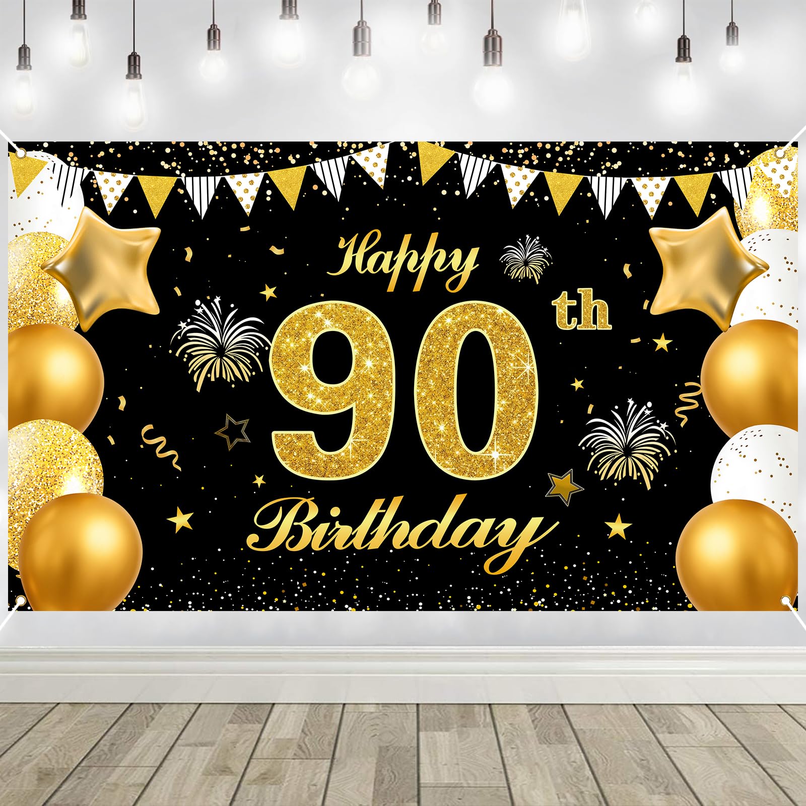 90th Birthday Decorations Banner Gold Black Happy Birthday Door Banner for Party Photo Backdrop for Men Women Home Outdoor Cover Party Decoration Supplies Poster