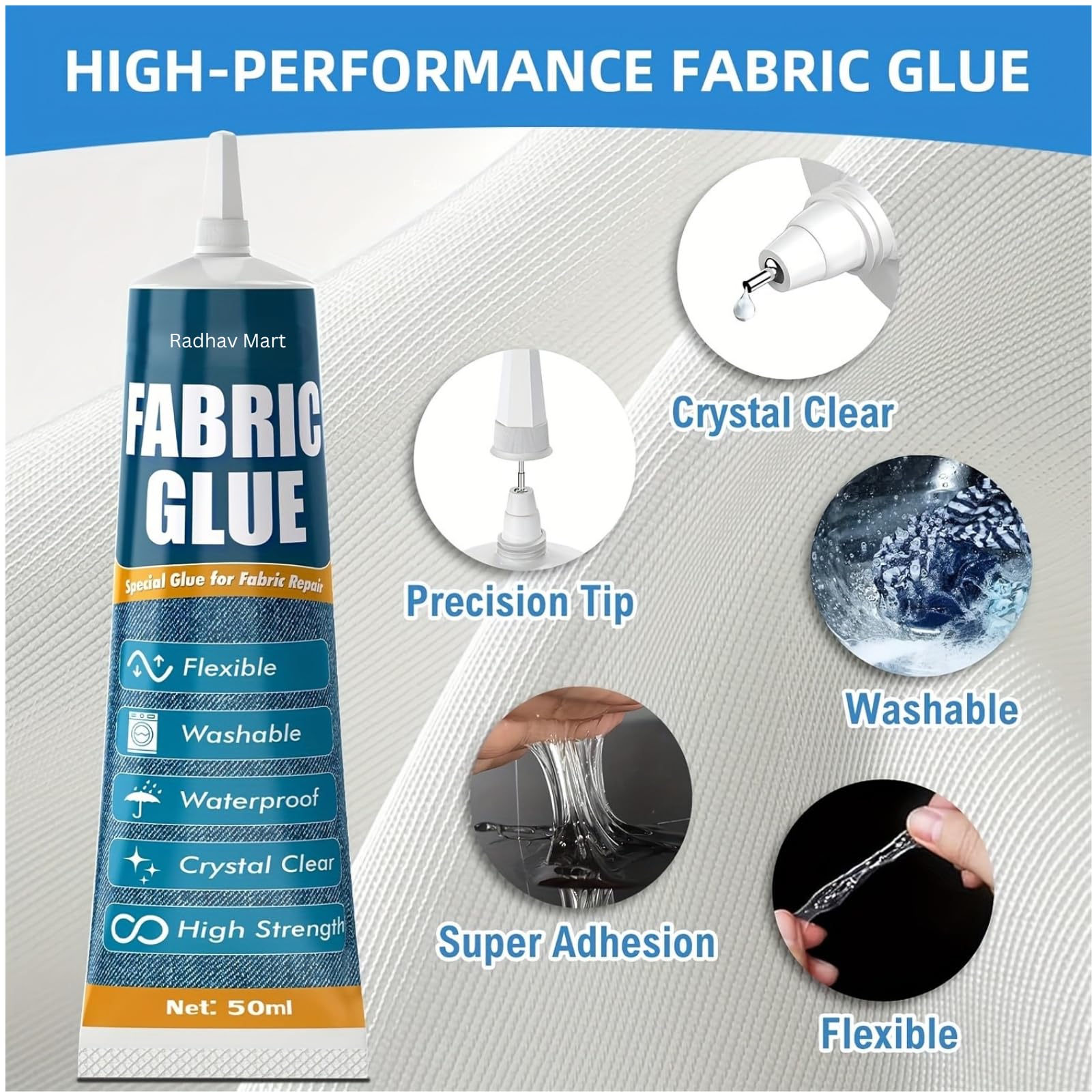 Radhav Mart Fabric Glue Strong Adhesive, Clear Drying & Waterproof, No Sew Glue for Clothes Repair, Washable Permanent Bond, All Fabrics 50ML (Pack of 1) 3