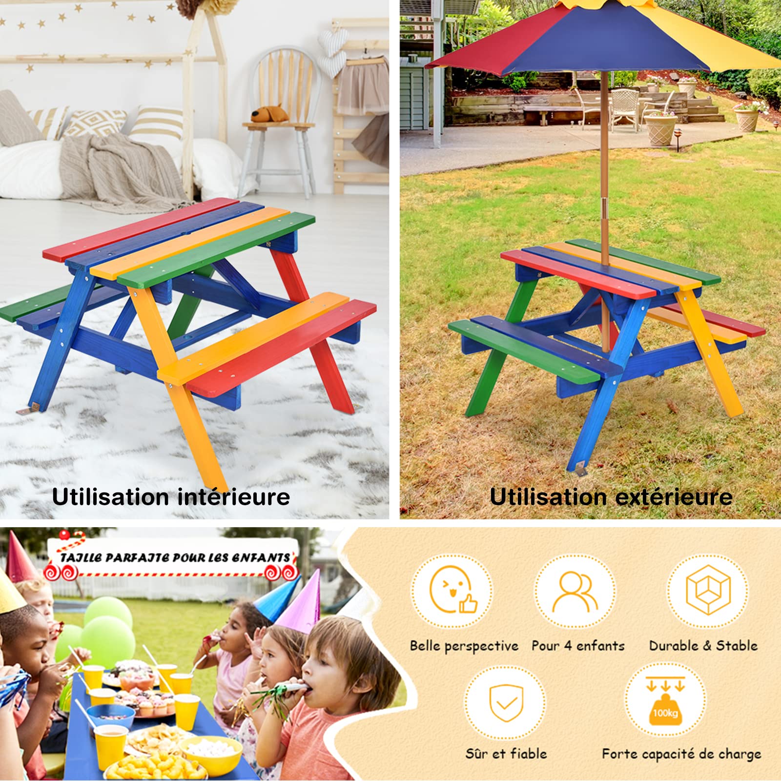 RELAX4LIFE Ensemble Salon de Jardin pour Enfant Coloré en Bois