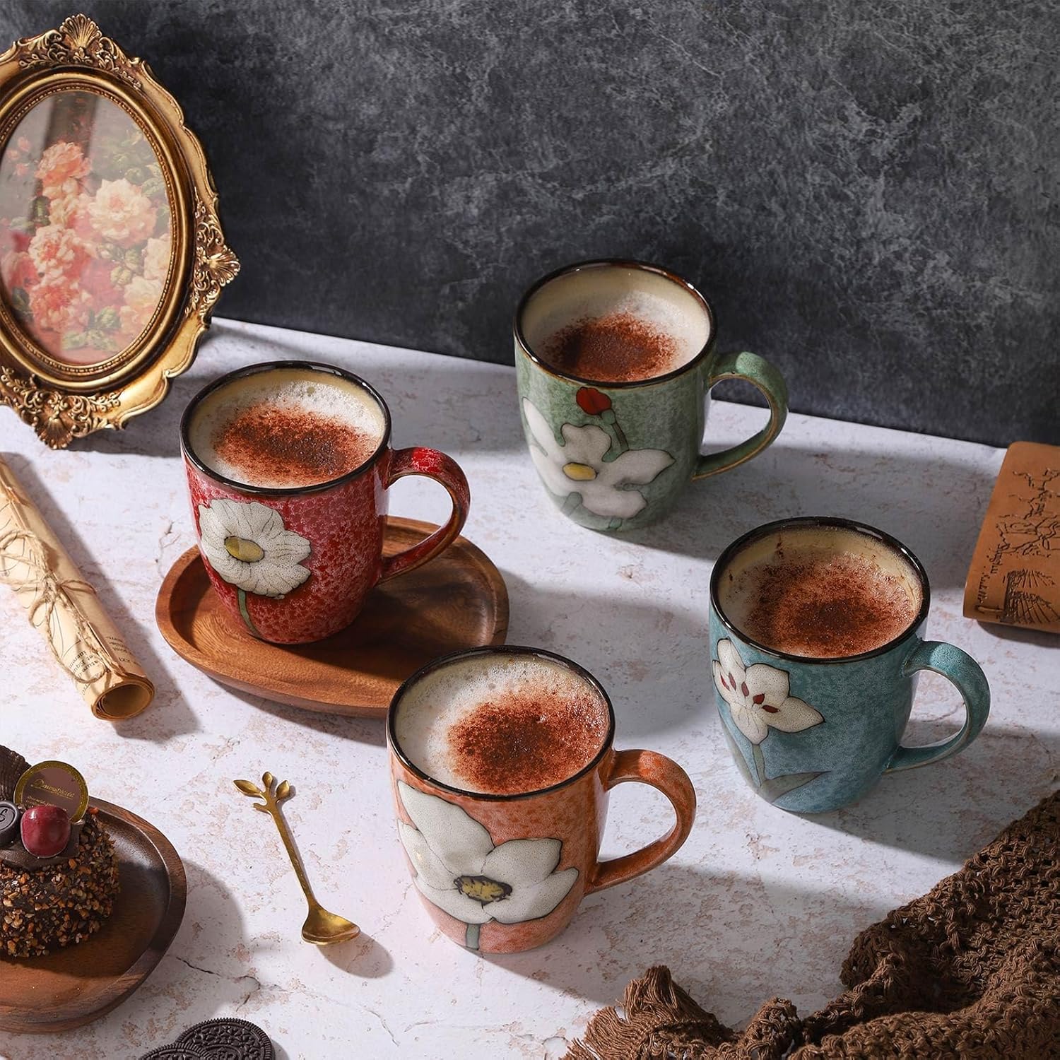 VanEnjoy 13oz Coffee Mug 4 Set of Ceramic Coffee Cups Cappuccino Cups Set Vintage Coffee Mugs for Home Cafe Floral Mugs for Tea Latte Espresso