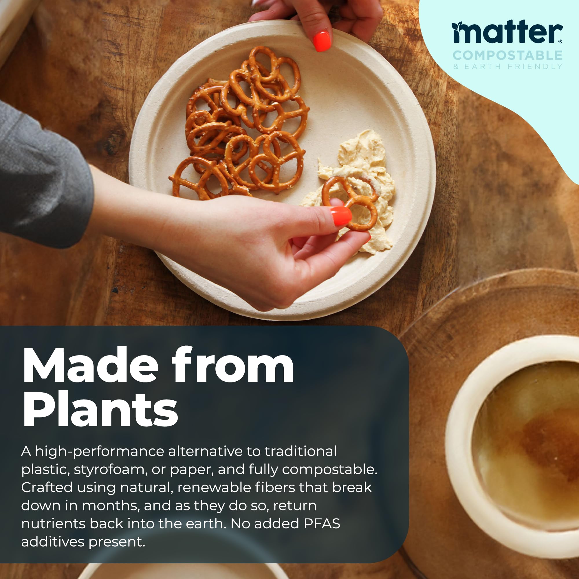 Matter Platos de papel compostables de 6 pulgadas, platos de postre desechables, resistentes para aperitivos, chocolate, pasta, ideales para barbacoas en el patio, platos de fiesta y contenedor de