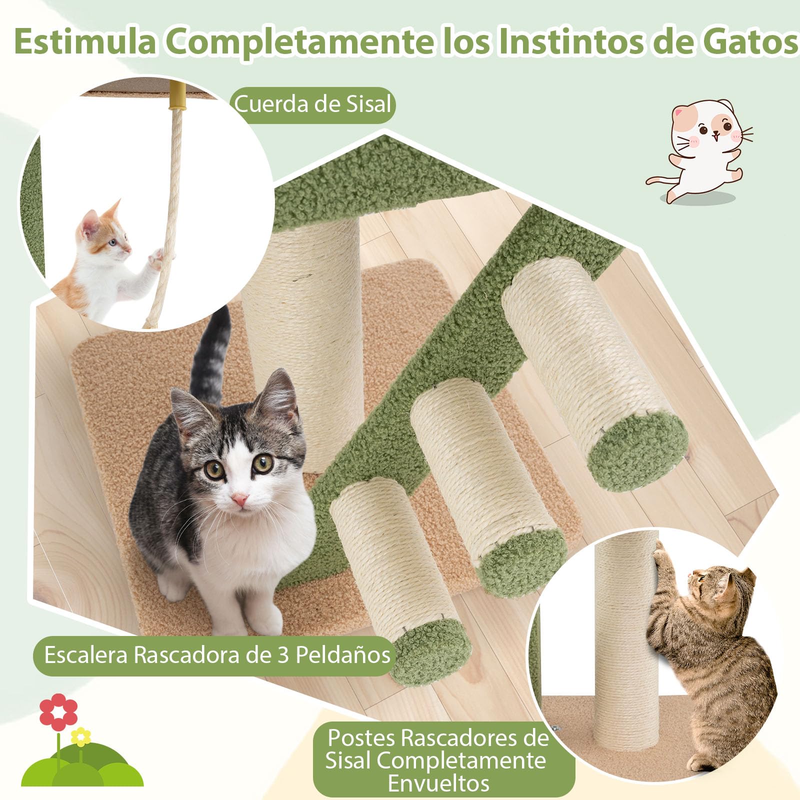 GOPLUS Árbol para Gatos de Piso a Techo, Torre para Gatos de 218-253 cm de Altura Ajustable con 2 Postes Adicionales, Postes Rascadores de Sisal, Centro de Juegos para Gatitos de 5 Niveles