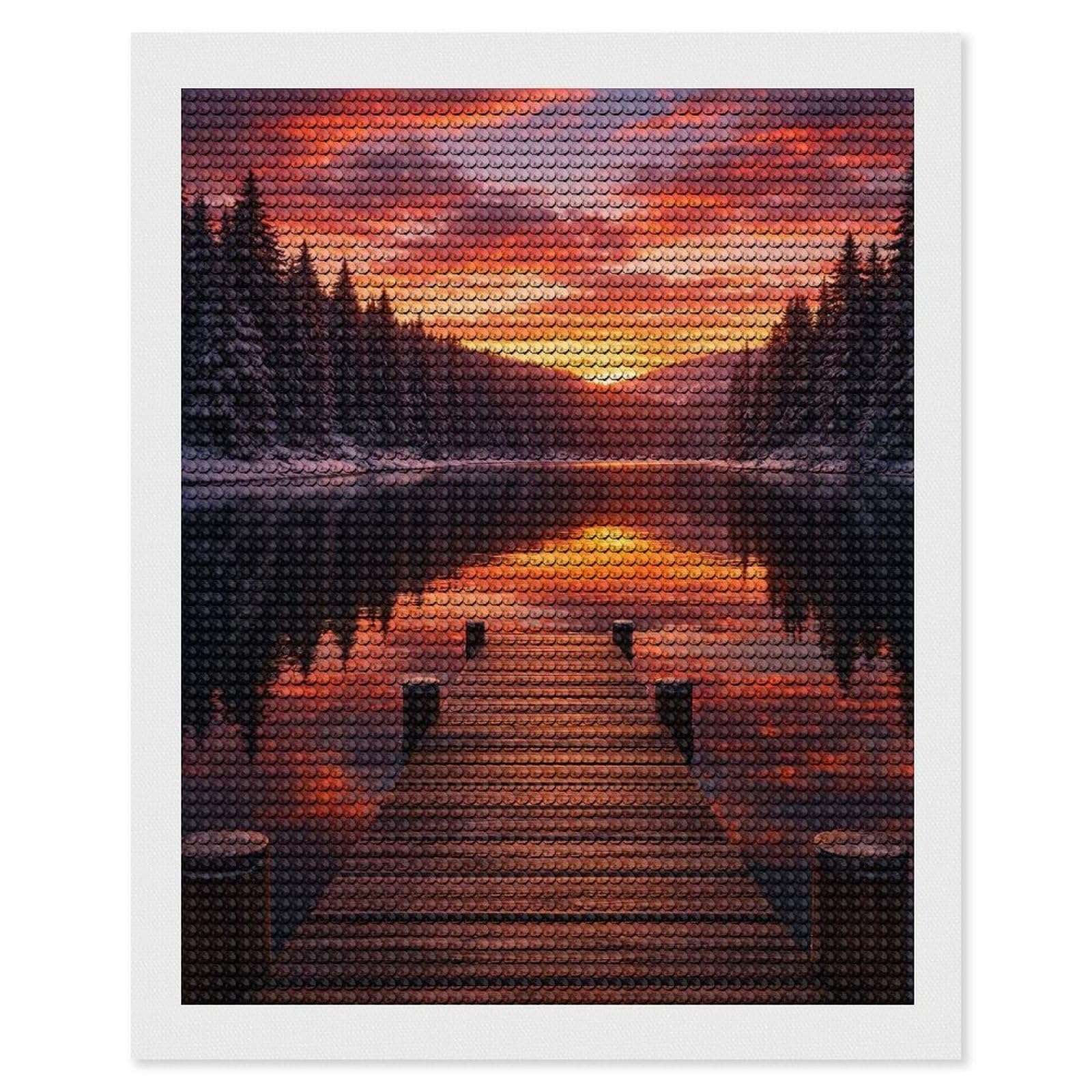 Junmoney Winter Lake Sunset Dock View Diamond Art Kit 16"x20", Relaxing DIY Hobby, Satisfying Creative Project, Living Room Decor, for Women