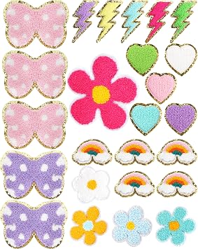 30 Pcs Iron On Patches Large Size Chenille Repair Patches Embroidered Patches Applique Patches with Glitters Border for Shirts Jackets Hats Jeans Shoes Bags6 Cute Styles