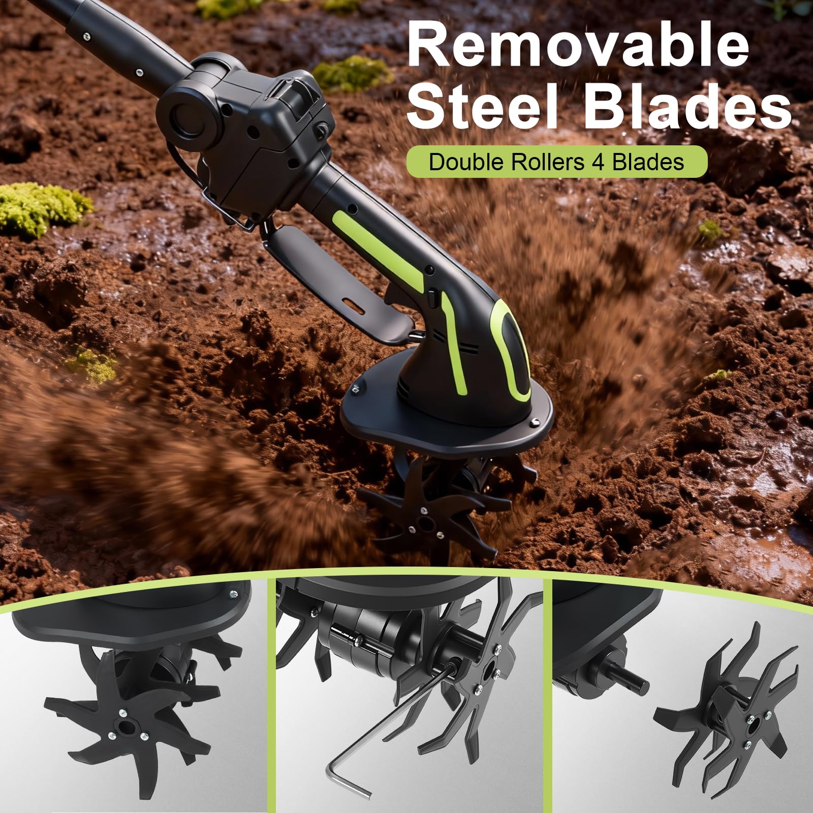 Motobineuse sans Fil, 21V Motobineuse Electrique Motoculteur avec 2 Batteries 1500mAh et Manche de 1,3m Bineuse Électrique Largeur de Travail de 10cm Profondeur de Travail de 10cm