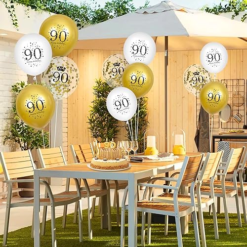 Miniatura 7 de Globos de cumpleaños de 90 años, 15 unidades, globos de feliz cumpleaños 90 de oro blanco, globos de confeti para hombres y mujeres, decoraciones de