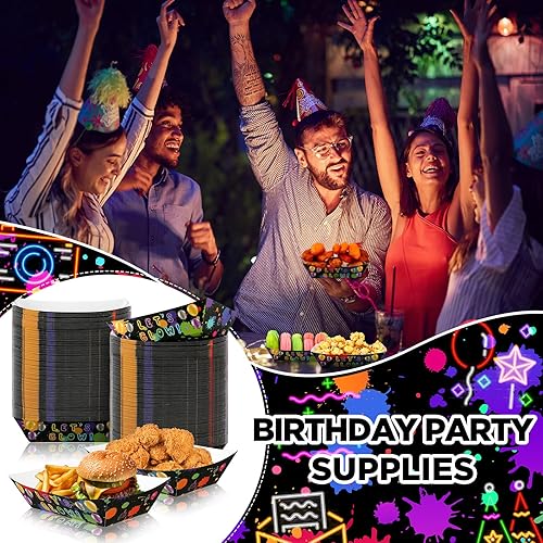 Miniatura 6 de 100 unidades de suministros de fiesta de neón de 2 libras, bandejas de papel desechables para servir nachos para perros calientes, barcos de neón