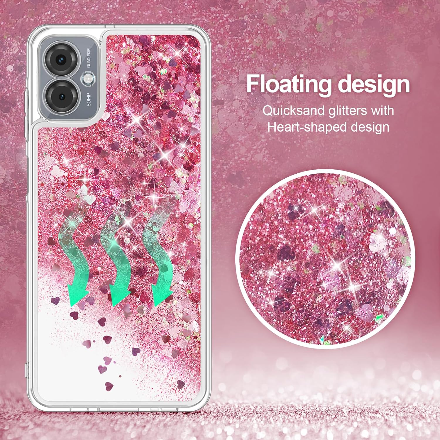 Qiinogow Case Compatible with Motorola Moto G14, Glitter Case With Quicksand Flowing Liquid, Clear Transparent TPU Gel Silicone ShockProof Protective Phone Cover for Girls (Pink) 8 81Vk5XnZKIL. AC SL1500