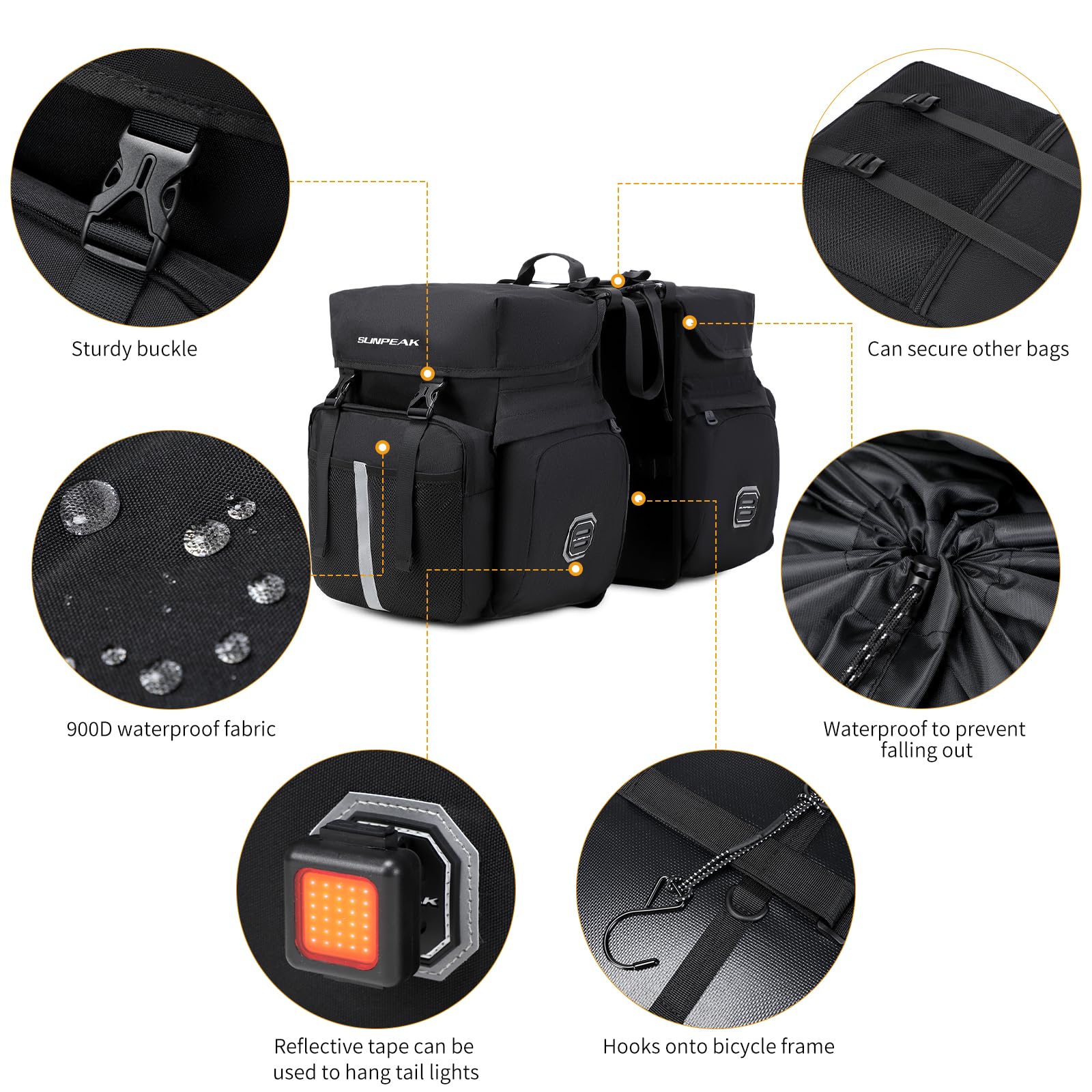 Sunpeak Bike Bag Accessories Panniers for Bicycle Rear Rack Bag 45L Waterproof Mountain Electric Bike Saddle Bag for Cycling Traveling Commuting Black