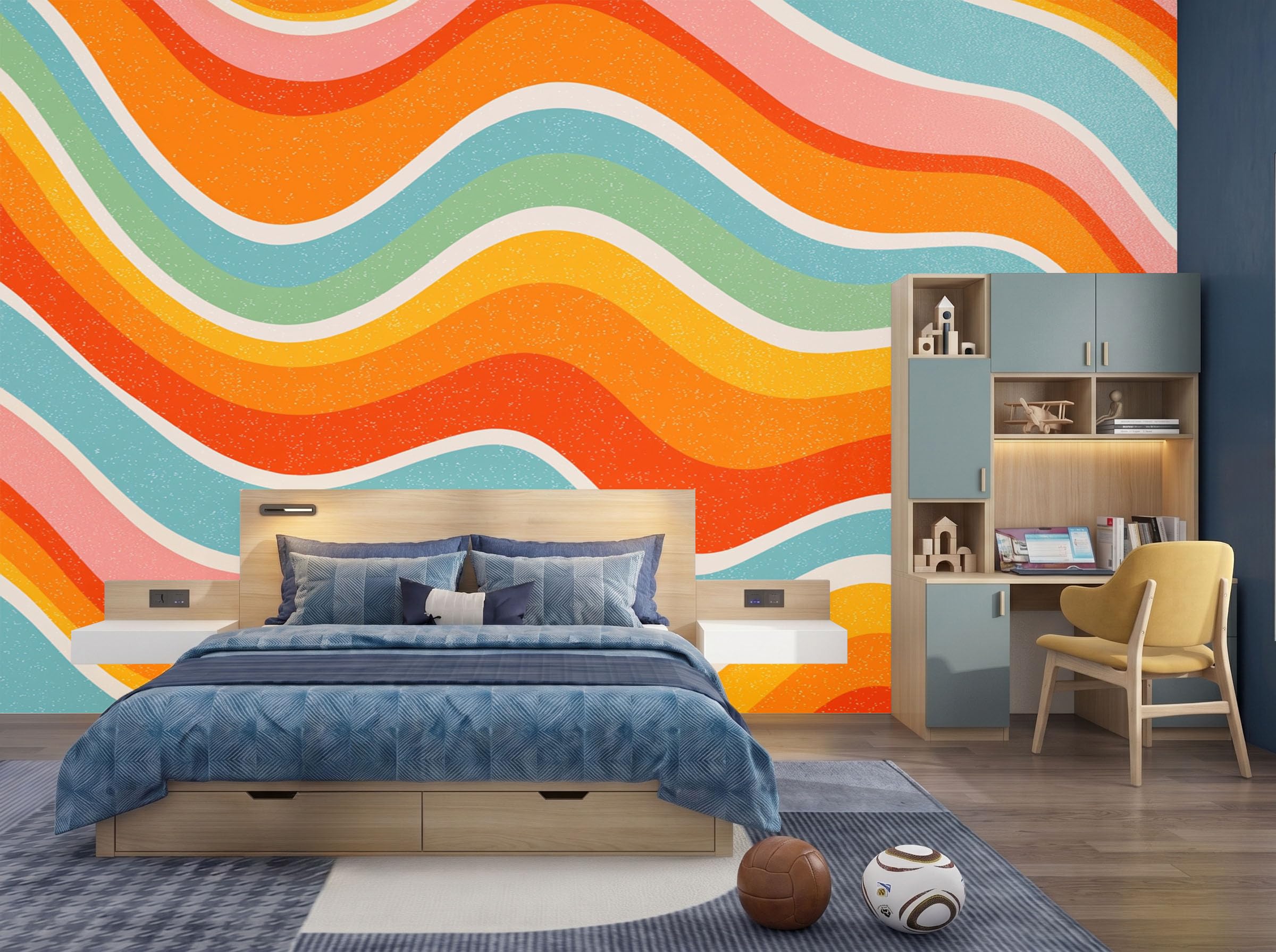Papier peint panoramique lavable et résistant motif vagues orange 200x140 cm