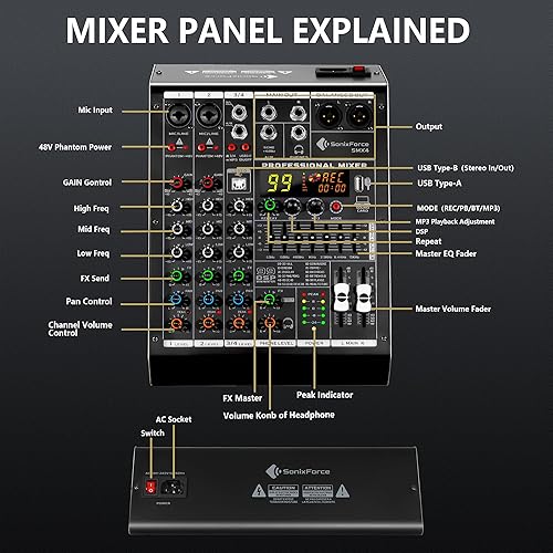 Miniatura 2 de Mezclador de audio de 4 canales, consola de tablero de sonido 99 DSP con alimentación Phantom de 48 V, mezclador DJ profesional para podcasting,