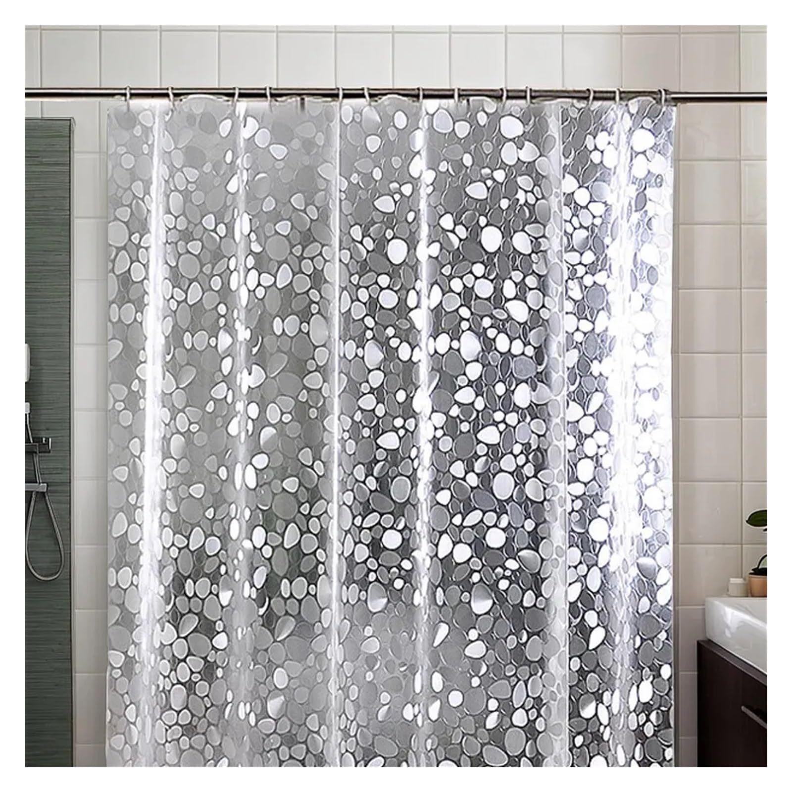 Tende da doccia 180 cm Punto trasparente Tenda bagno in tessuto PVC resistente all'acqua Stile moderno con ganci 71 pollici Semplice quotidiano(W150xH200cm)