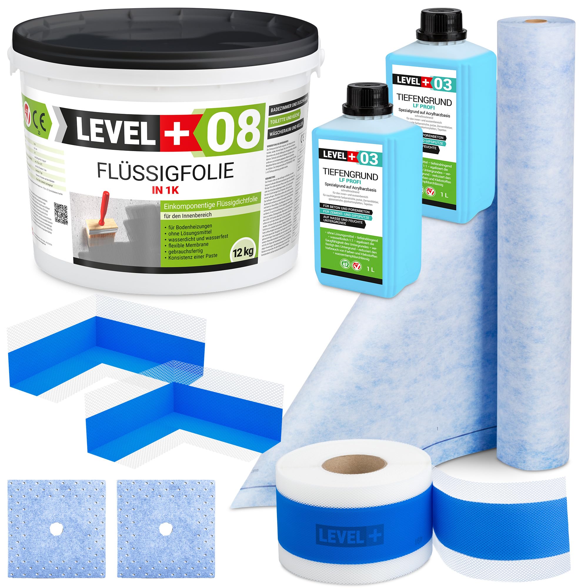 Dichtset, Abdichtungsmatte 10m2, Flüssigfolie 12Kg, Dichtecken, Wandmanschetten, Dichtband, Tiefengrund, Abdichtungsset Dusche Bad SET361