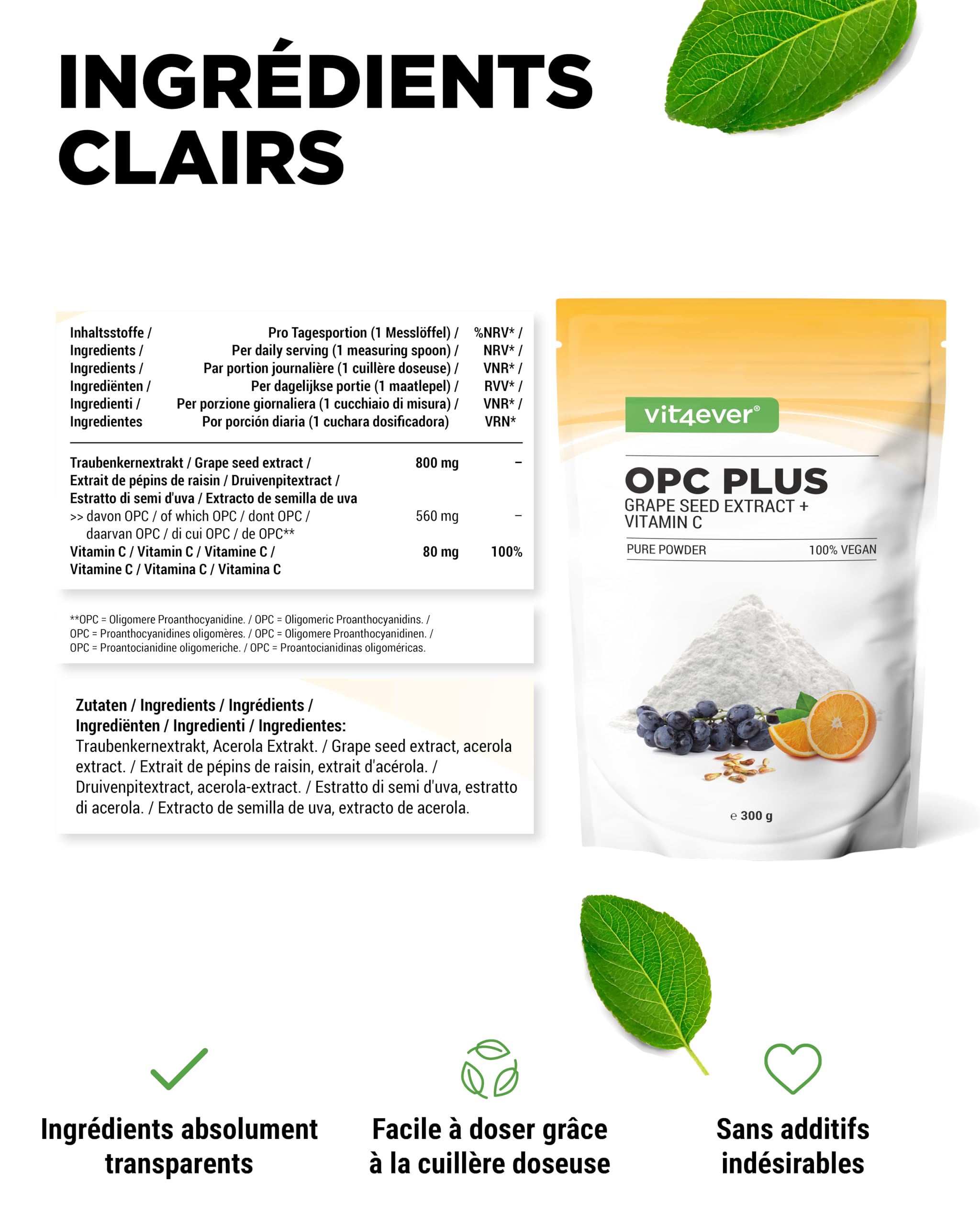 Extrait de pépins de raisin OPC + vitamine C - 300g de poudre - Pure OPC de raisins européens - Teneur en OPC de 70% selon la méthode HPLC (95% selon Bate-Smith) - Avec vitamine C naturelle - Vegan