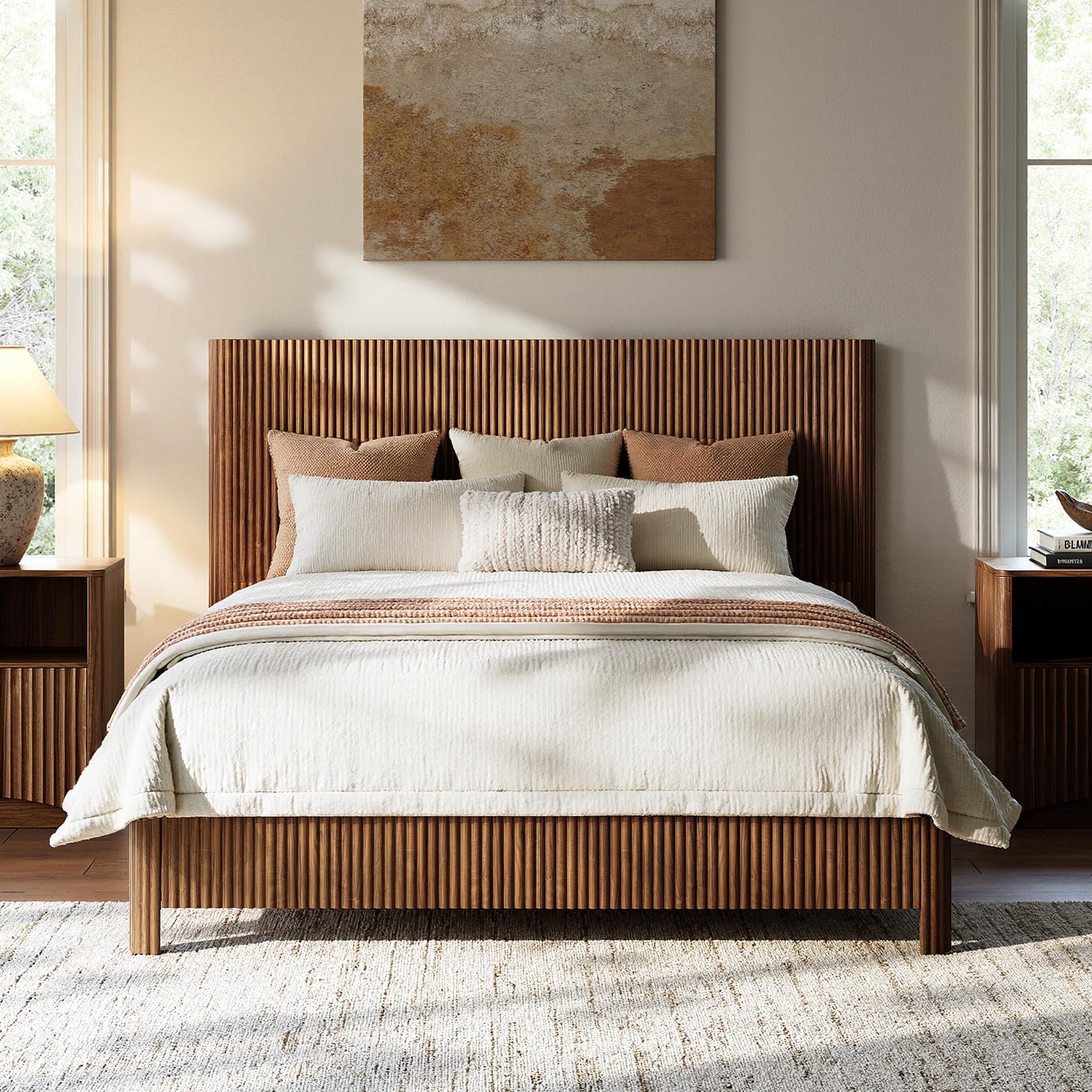 Evermagin Walnut Queen Bed Frame with Headboard