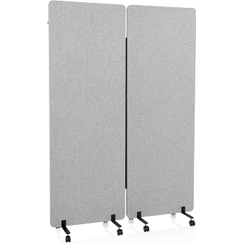 hjh OFFICE FLEXMIUT 891001 Mobile Acoustic Dividers Set of 2 177 x 60 cm Fabric Light Grey Room Divider with Wheels and Gliders