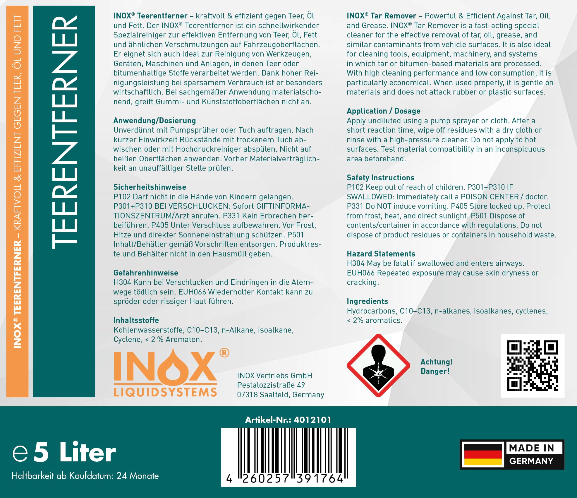 INOX® Auto Teerentferner 4 x 5L - Teerreiniger für Innenraum und Außen - Klebstoffentferner Baumharzentferner - Industriereiniger schonend zu Autolack und Chrom