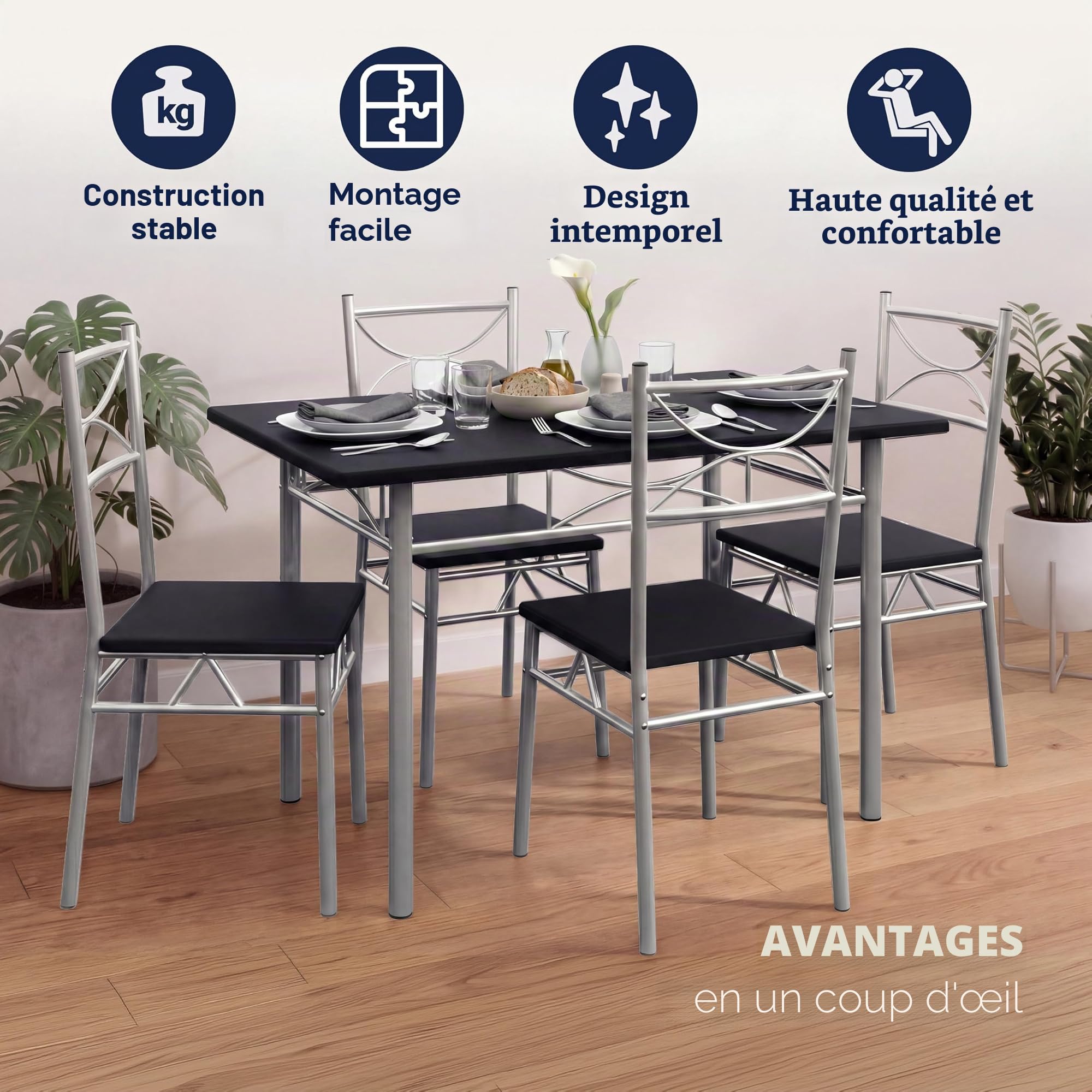 Casaria® Ensemble Table à Manger avec 4 chaises Noir Ensemble de Meubles 5 pièces pour Salle à Manger Cuisine en métal laqué MDF