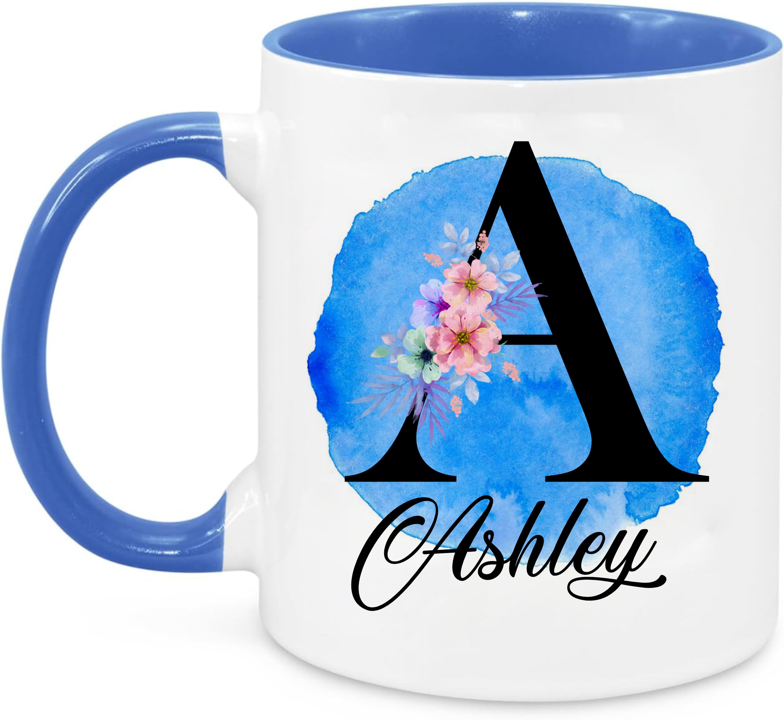 EKAM Personalised Mug, Coloured Inner and Handle Mug Stylish Initial with Name, Gift for Valentine’s, Birthday, Christmas Day for Mom, Dad, Kids, Friends or Girls, 11oz Coffee/Tea Cup (Blue)