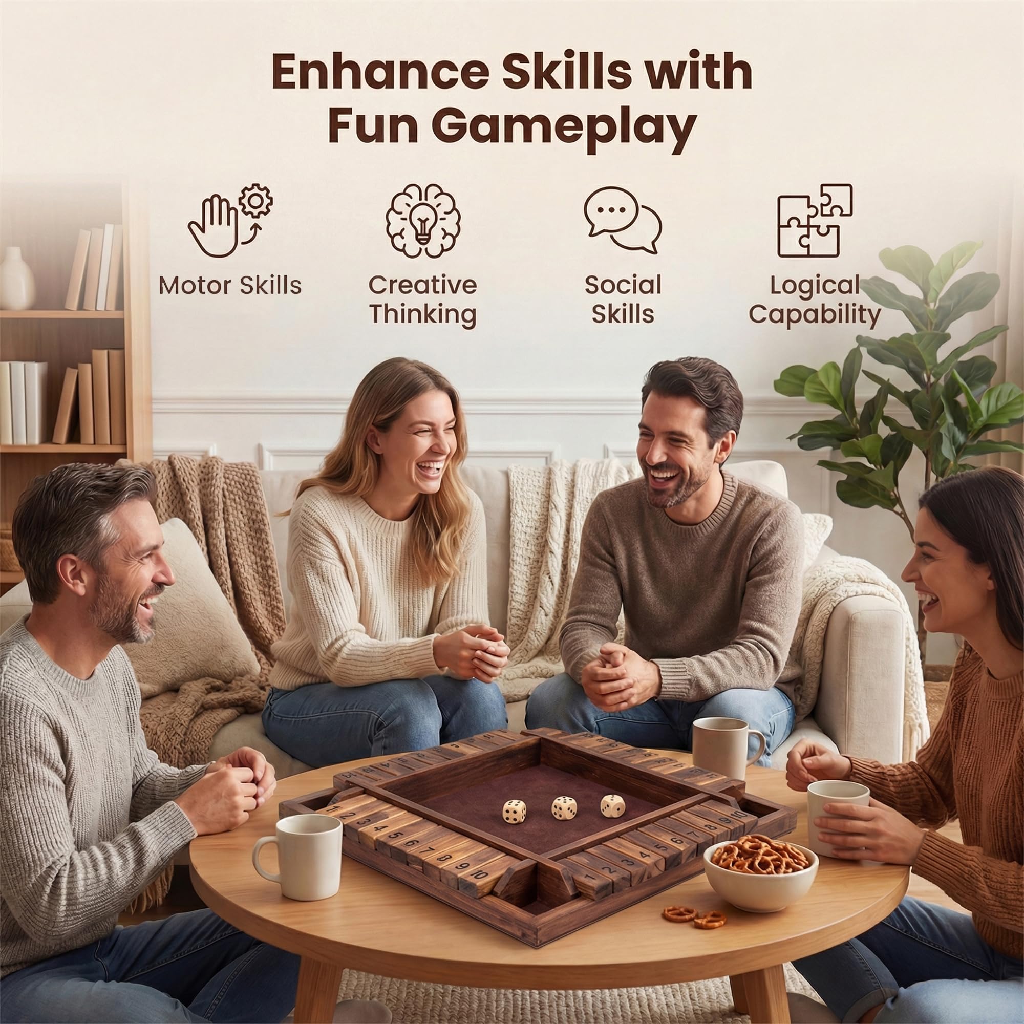 GOPLUS Juego de Datos Shut The Box, Juego de Mesa de Madera de Pino con 2 Dados para 2-4 Jugadores, Cierra la Caja, Juego Matemático de Mesa Familiares y Viaje, para Niños y Adultos (Marrón)