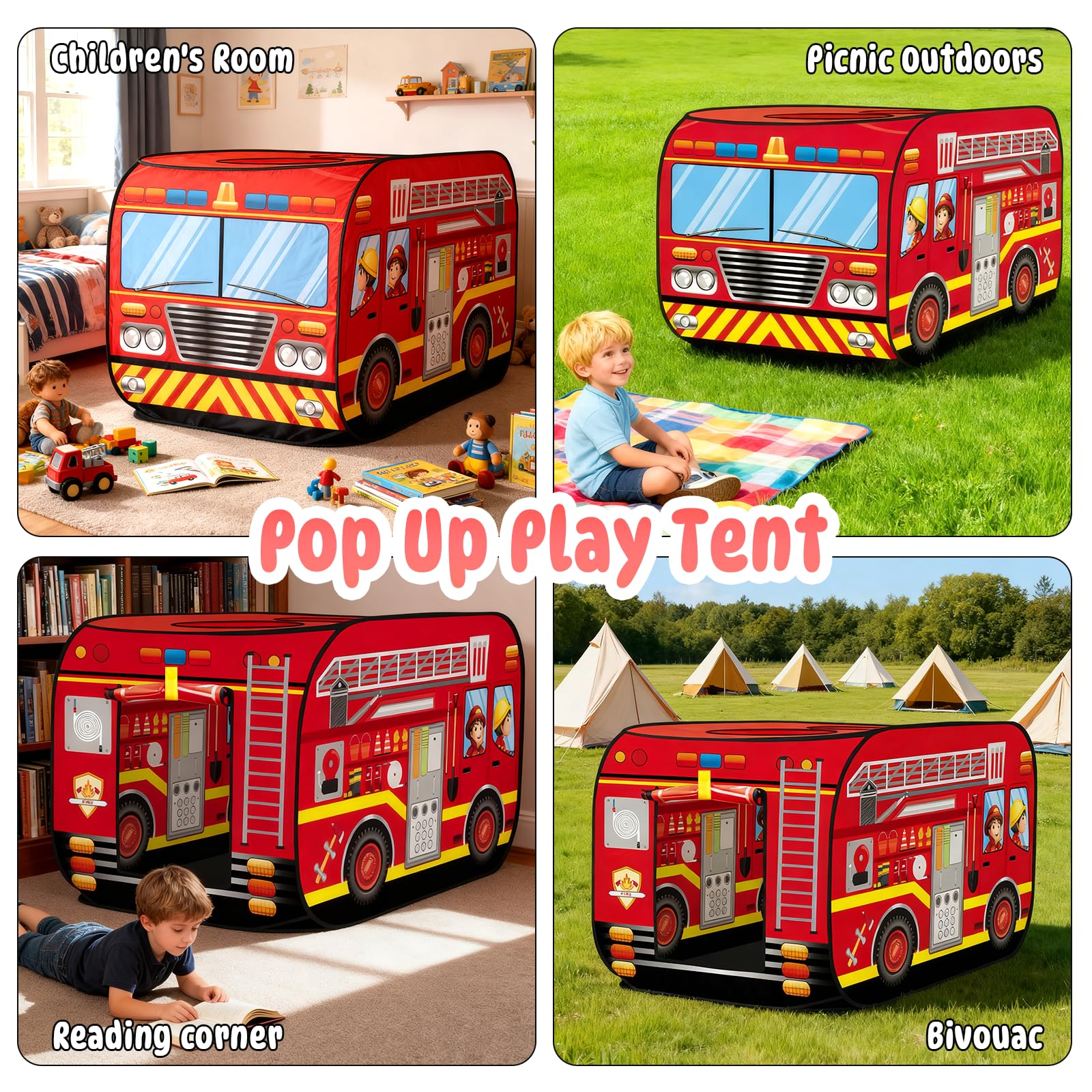 Pop-up-Spielhaus für Kinder, Kinder Spielzelt Feuerwehr, Pop-up-Spielzelt Faltbares Spielhaus mit Tragetasche, Indoor & Outdoor Spielzeug für Jungen und Mädchen ab 3 4 5 6 Jahren