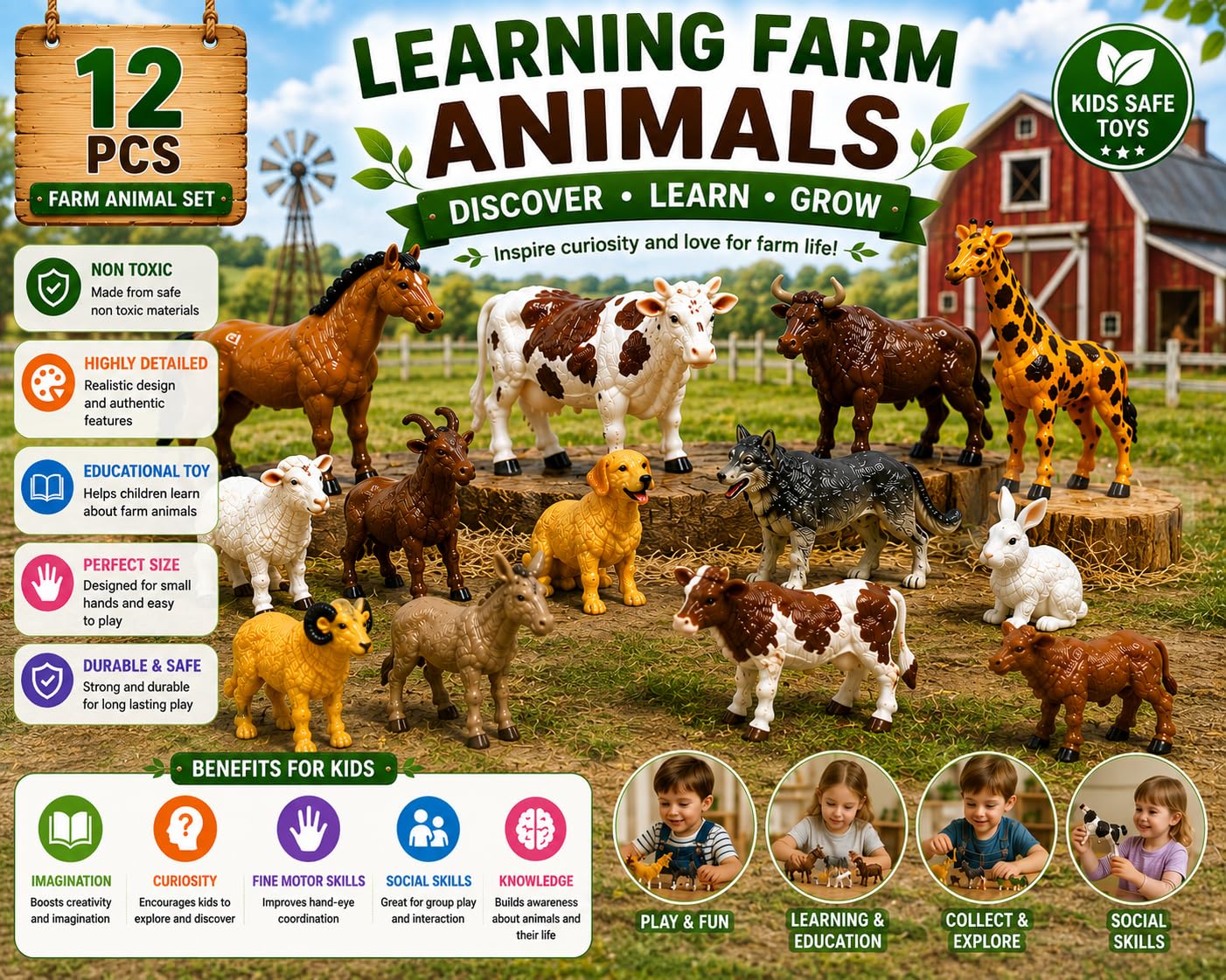 Brand Conquer Farm Animal Toys for Kids, 12 Pcs Realistic Farm Animal Figures Set, Non-Toxic Plastic Learning Toys for Boys & Girls, Educational Montessori Animal Playset, Birthday Gift for 3+ Years — Amazon image 9