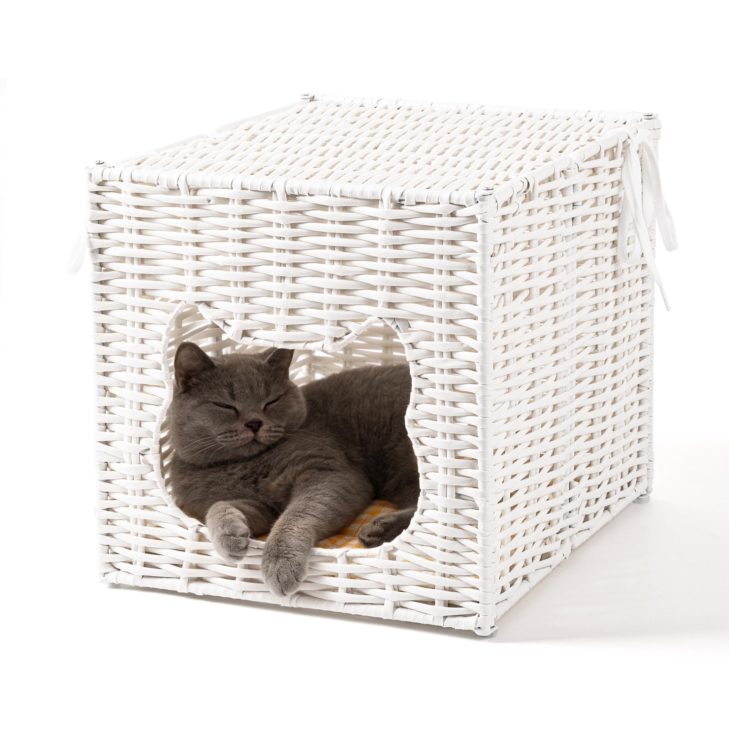 AELS Handwoven Small Cat Bed Cave for IKEA Kallax Shelf, 13"x13"x15" Rattan Cat House for Indoor Cats Kittens and Small Pets with Removable Double-Sided Soft Cushion Pad, Pet Cube Hideaway Bed White
