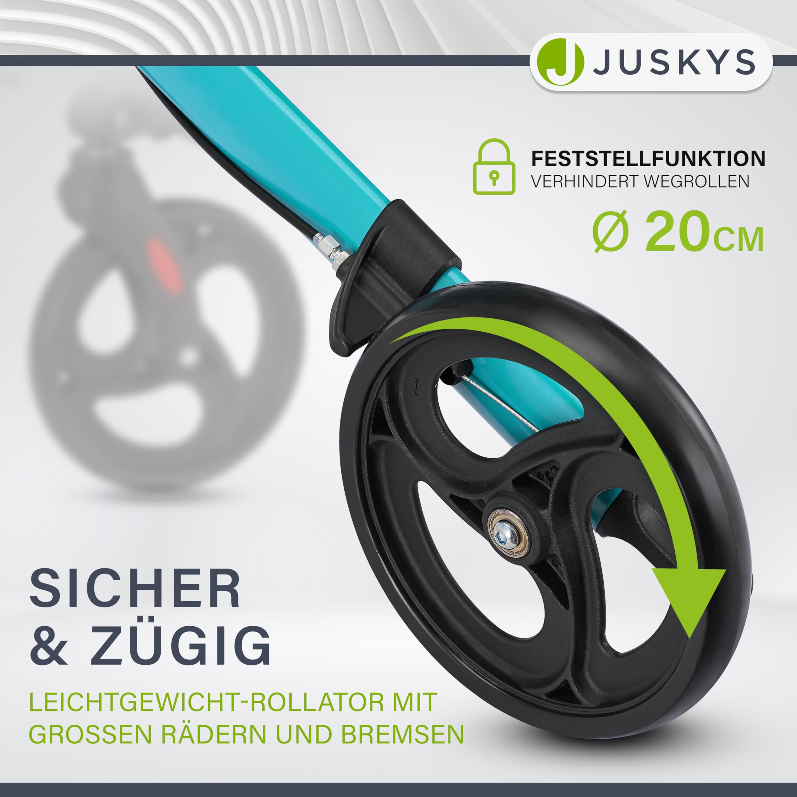 Juskys Rollator Vital petrol - Gehhilfe faltbar & leicht aus Aluminium bis 130 kg - Laufhilfe höhenverstellbar mit Sitz, Tasche & Regenschirmhalterung