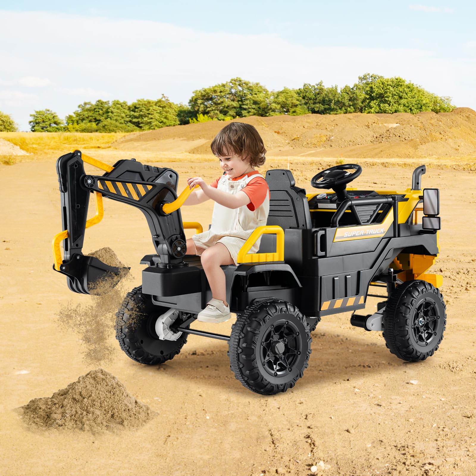 COSTWAY 24V Voiture Excavatrice Électrique Enfant avec Télécommande & Pelle, Camion Électrique 2 Places avec Musique & Lumières & Klaxon, 2,6-5km/h, Charge 25kg, Tracteur pour 3 Ans+, Jaune