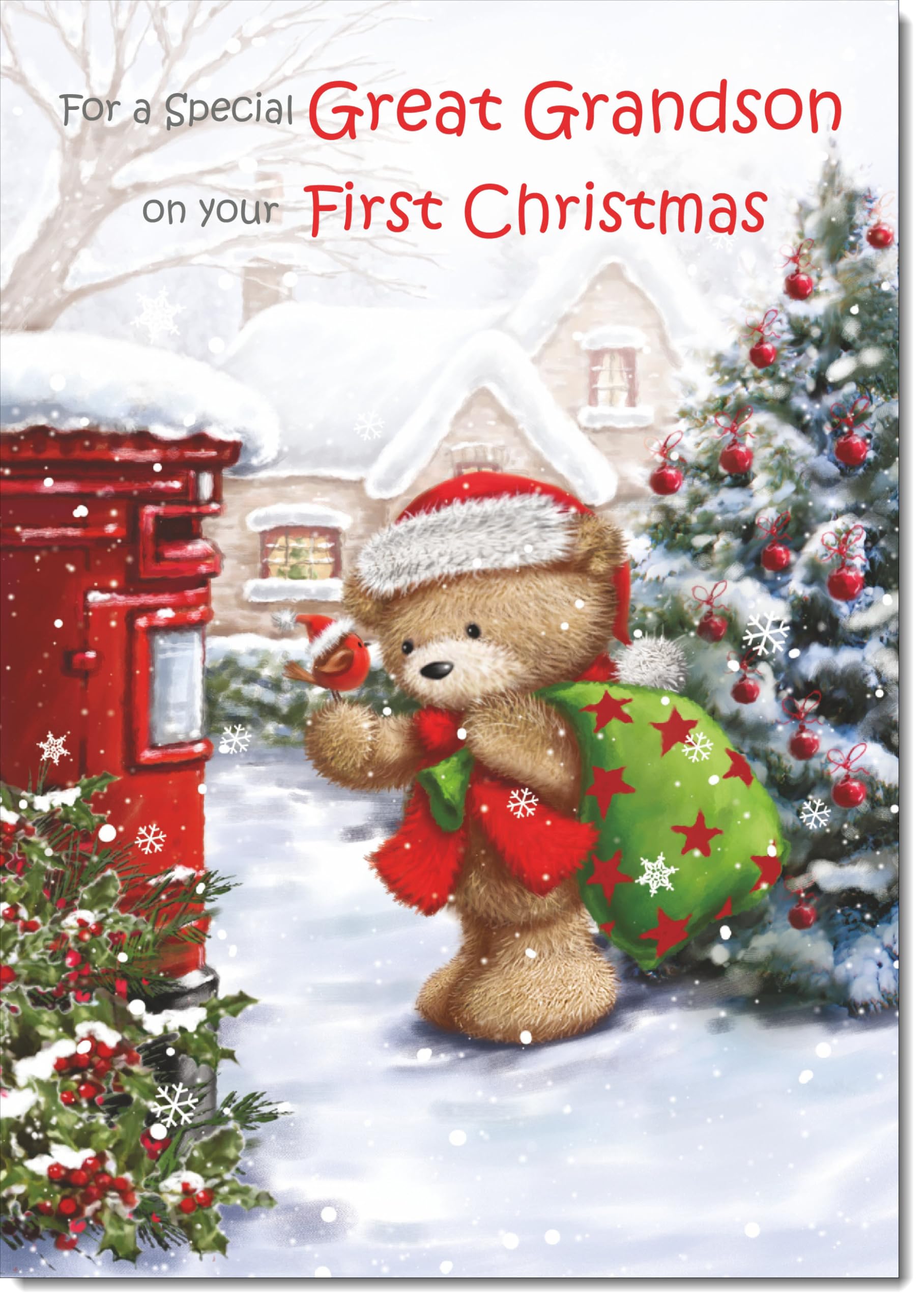 doodlecards Great Grandsons 1st First Christmas Card Cute Bear Posting a Letter Large A4 Size Christmas Card for Great Grandsons 1st with Plain Envelope โ image 1