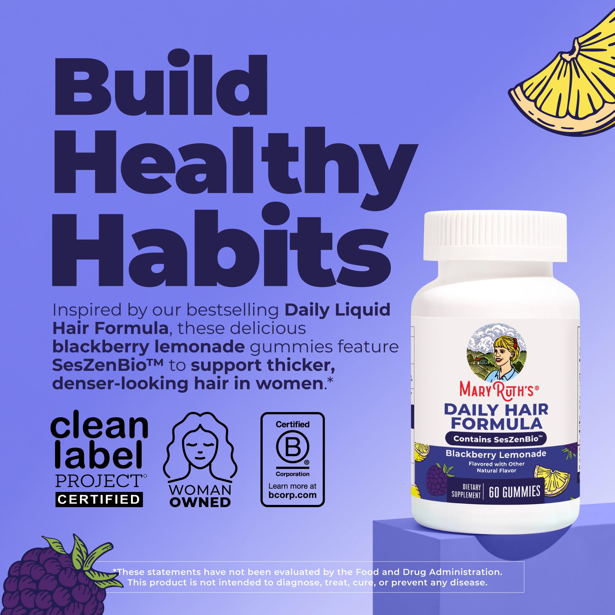 MaryRuth's Daily Hair Formula Gummies | with 500 mg SesZenBio + 2,500 mcg Biotin | Thicker, Denser Hair for Women | Vitamins A & C | Hair, Skin, & Nail Health | Collagen Production | 60 ct — Amazon image 2