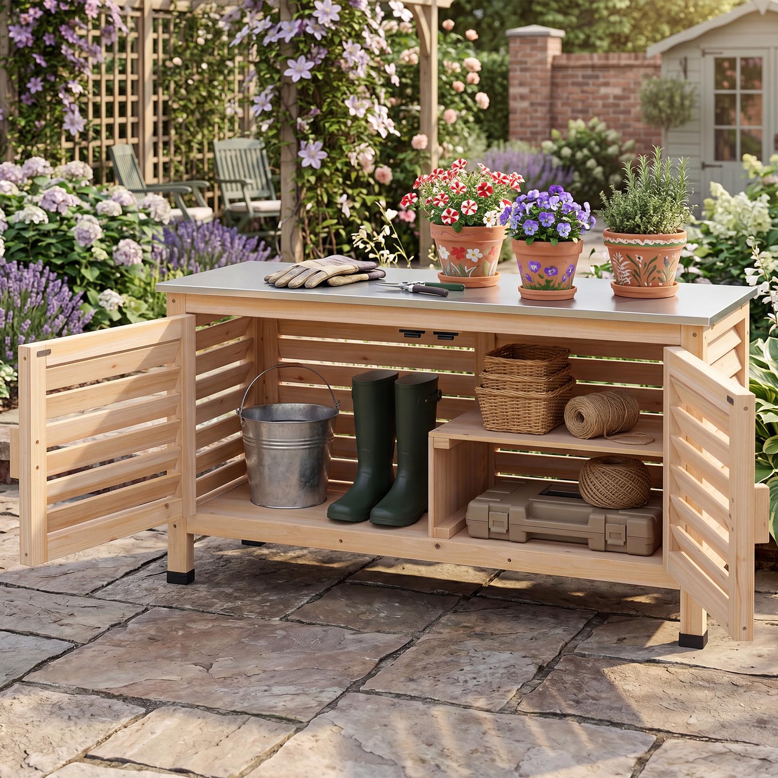 COSTWAY Cassapanca da Giardino in Legno di Abete, 109 x 40,5 x 61,5 cm | Armadio da Esterno con Piano in Acciaio Inox, 2 Ante a Persiana e Ripiano a L Rimovibili, per Terrazza, Cortile e Balcone