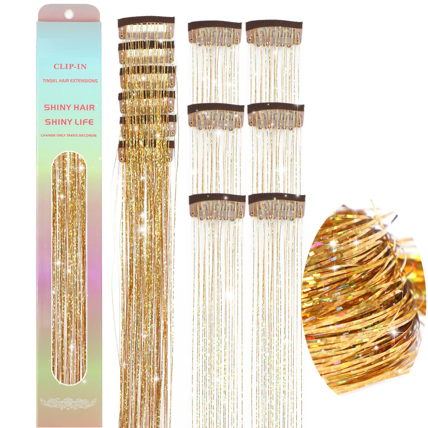 Clip in Hair Tinsel 6Pcs 23.6inch Fairy Hair Tinsel Clip in Glitter Hair Extensions Gold Tinsel Hair Extensions Clips in Hair Tensile Sparkly Hair Accessories for Girls Women Kids (Golden)
