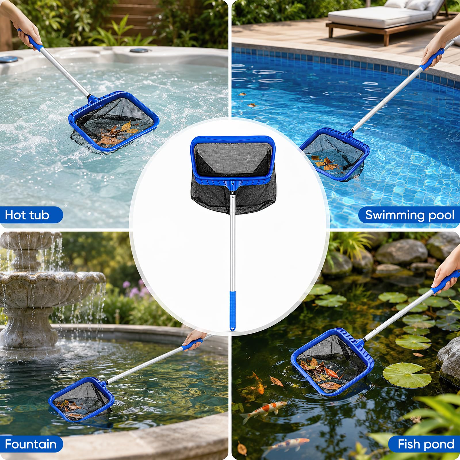 Red de piscina con barra telescópica de 320 cm, red fina para estanque, red de 43,5 cm de profundidad, red de suelo, recogehojas para algas para piscina, estanque, jacuzzi, spa